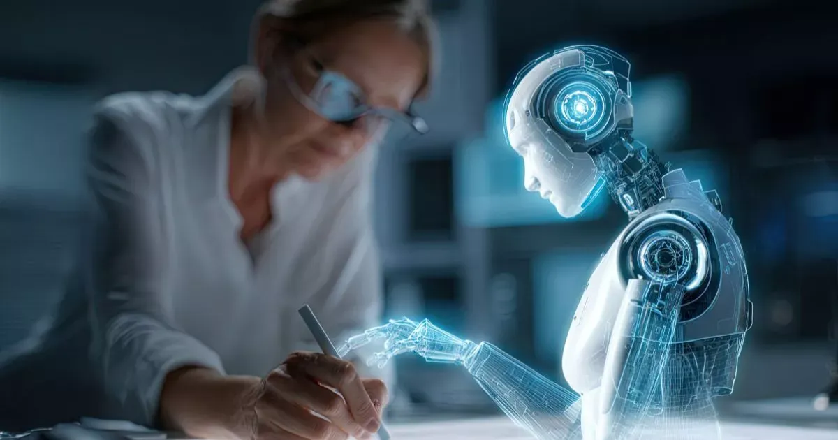 Grayscale image of a robotic arm in a clean, modern environment.