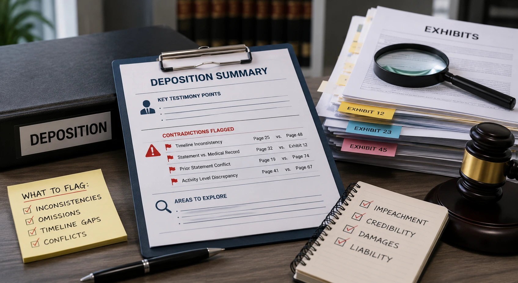 image showing the deposition summary flags contradictions in the transcript