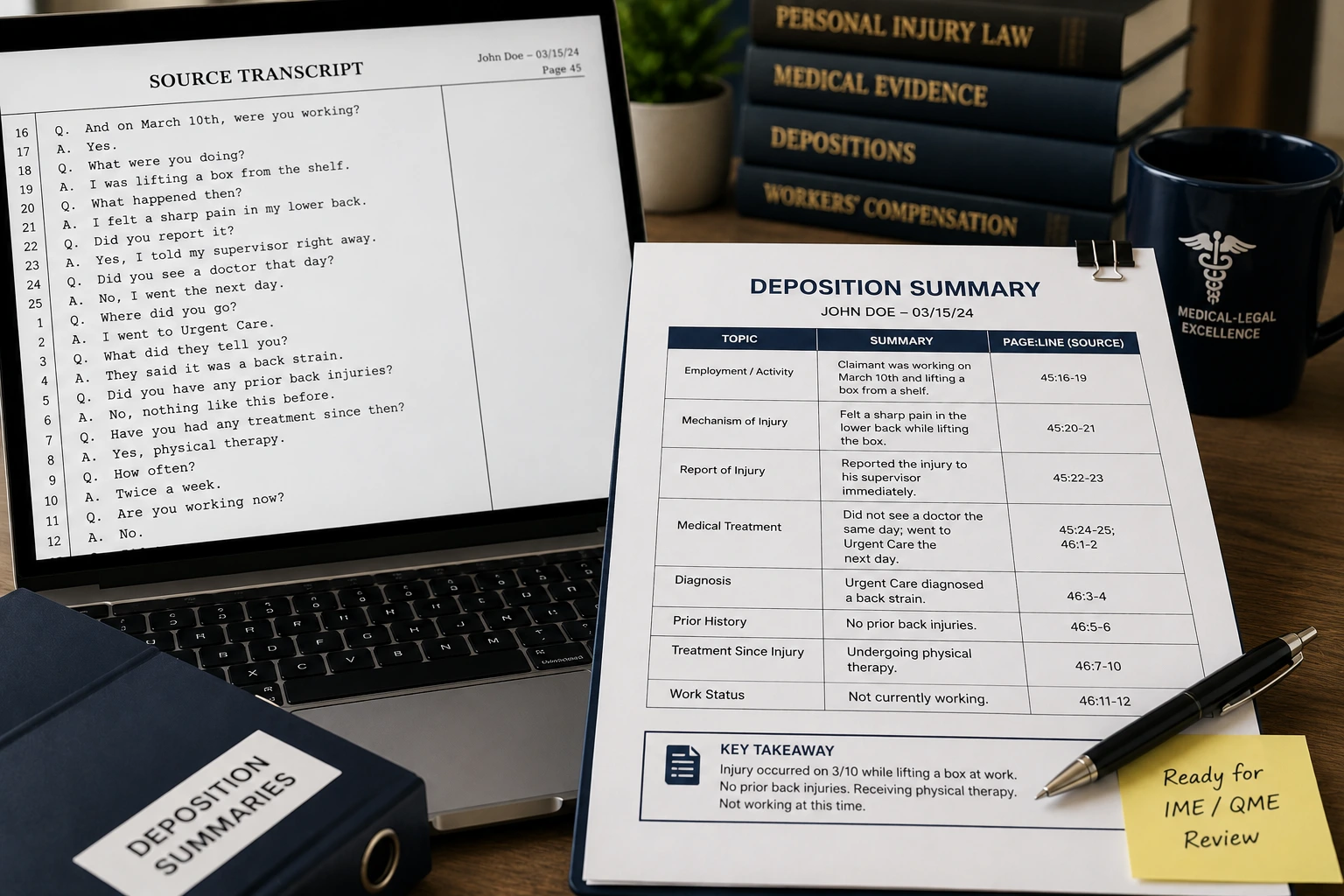 A page-line indexed deposition summary next to the source transcript, ready for an IME or QME exam