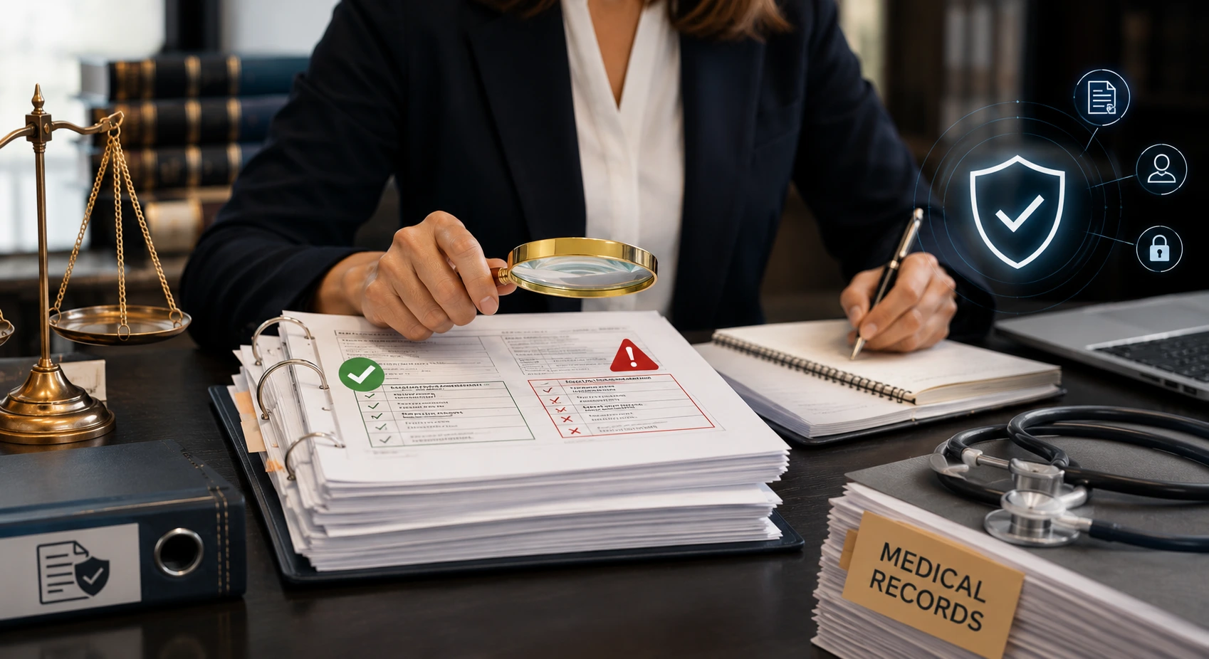 A product liability attorney tracing an entry in a medical record review back to its Bates-numbered source page.