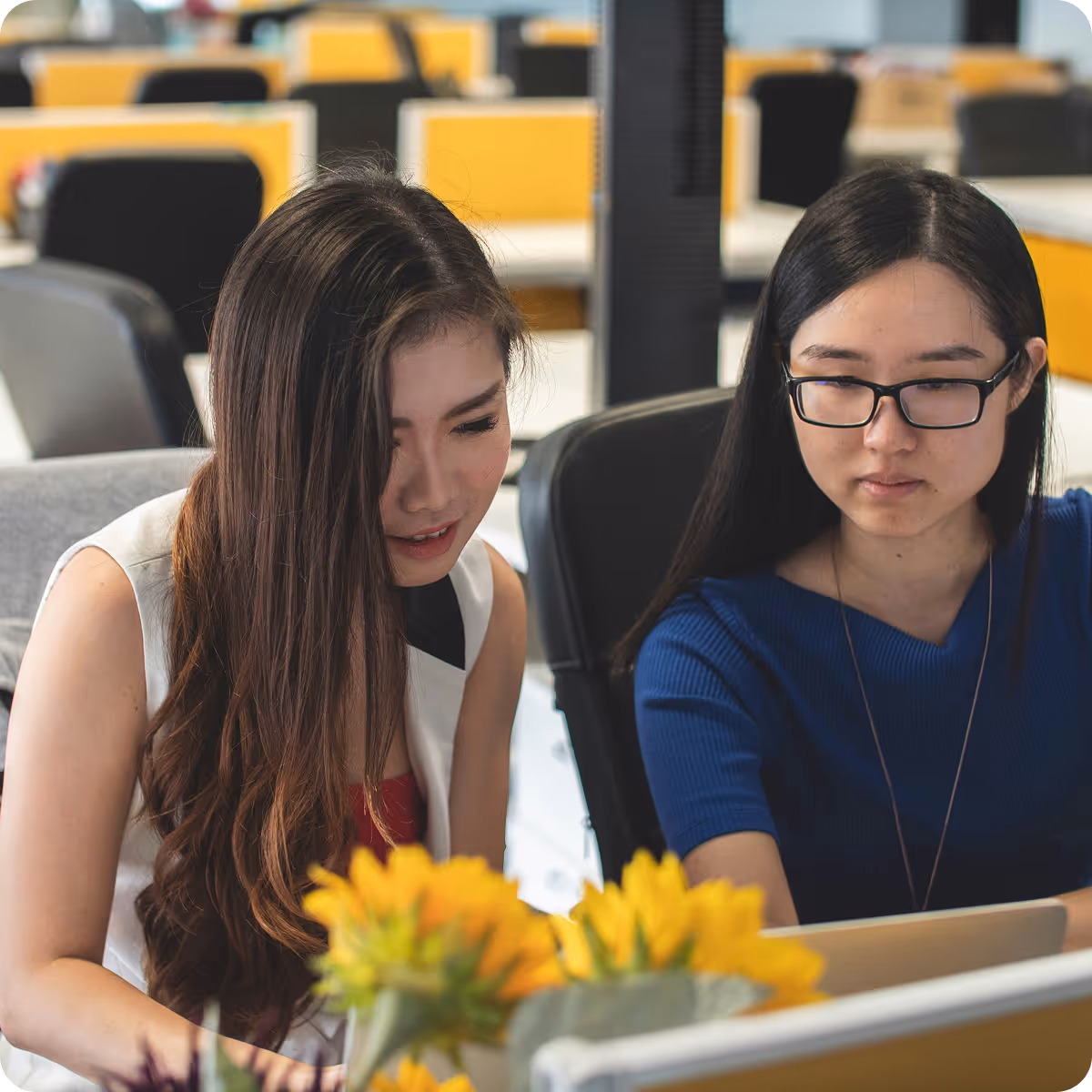 Tow girls sitting in front of laptop
