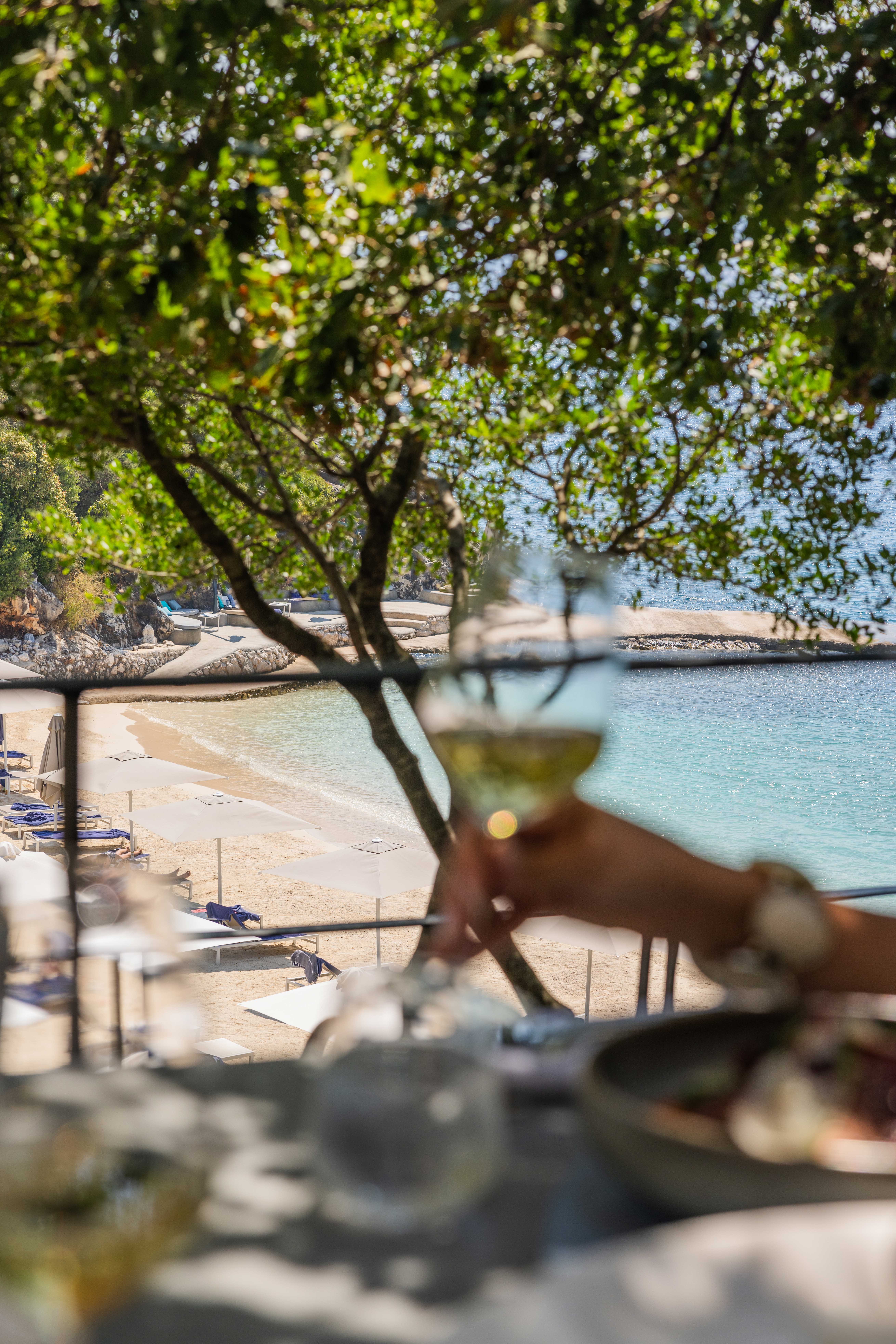 View of a sandy beach with umbrellas and sunbeds by clear blue water, seen through tree branches with a hand holding a glass of white wine in the foreground.