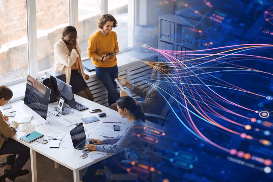 Collage image showing a diverse team of professionals collaborating in a modern office on the left, blended with a digital abstract representation of data streams and network connections on the right.