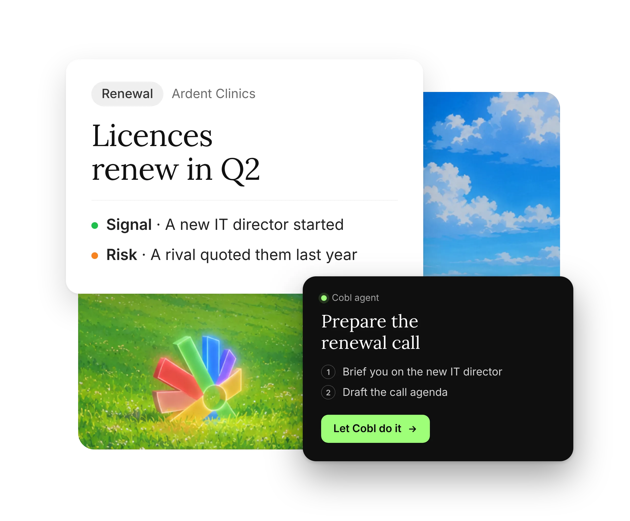 Cobl flags a licence renewal and prepares the renewal call