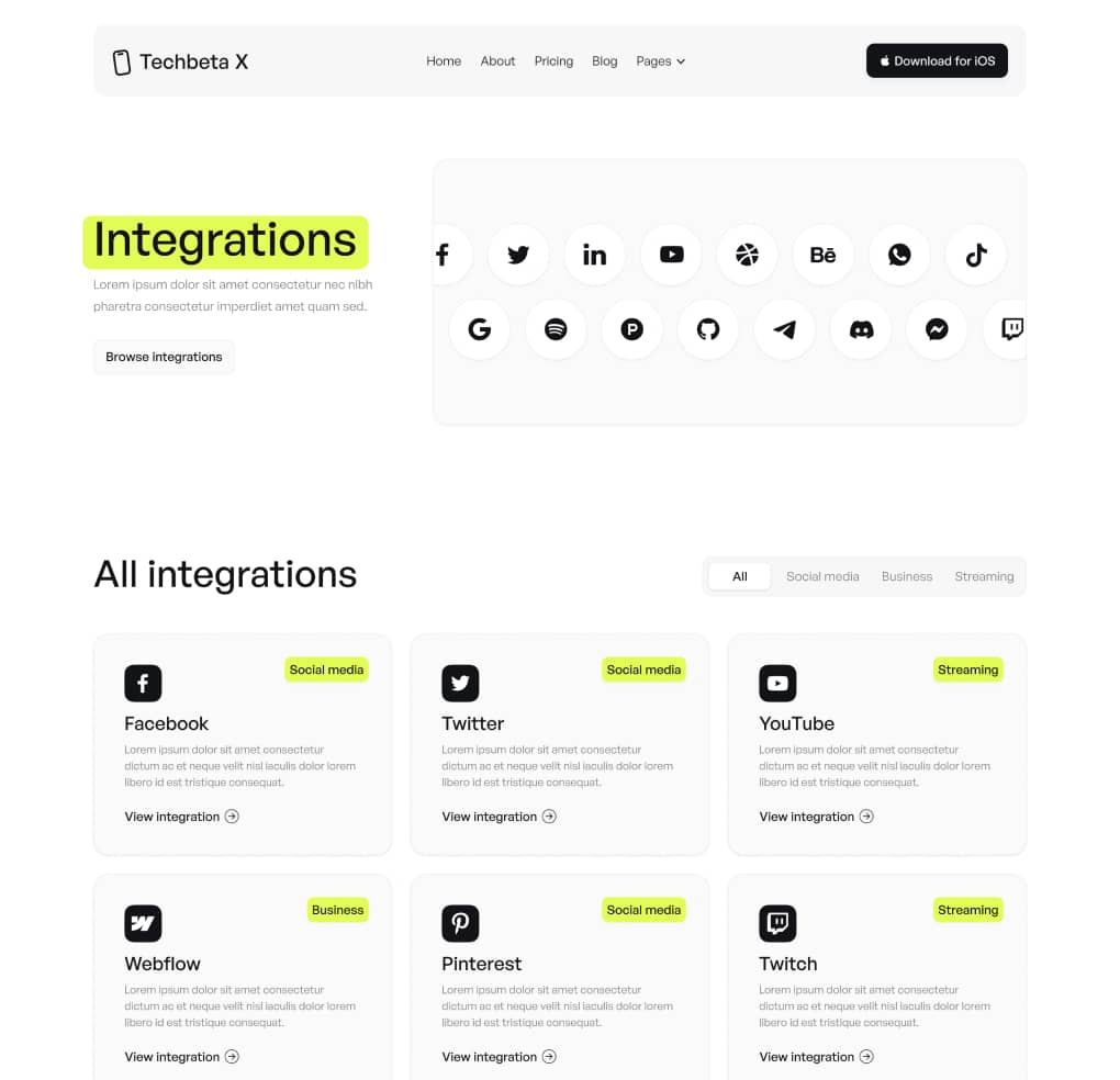 Techbeta X - Integrations Page - Tech App Webflow Template