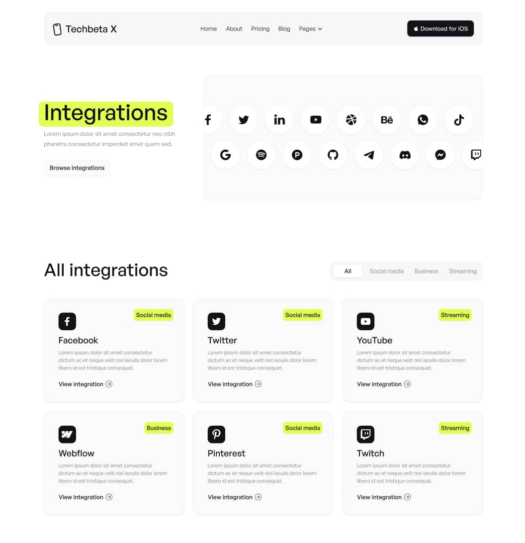 Techbeta X - Integrations Page - Tech App Webflow Template
