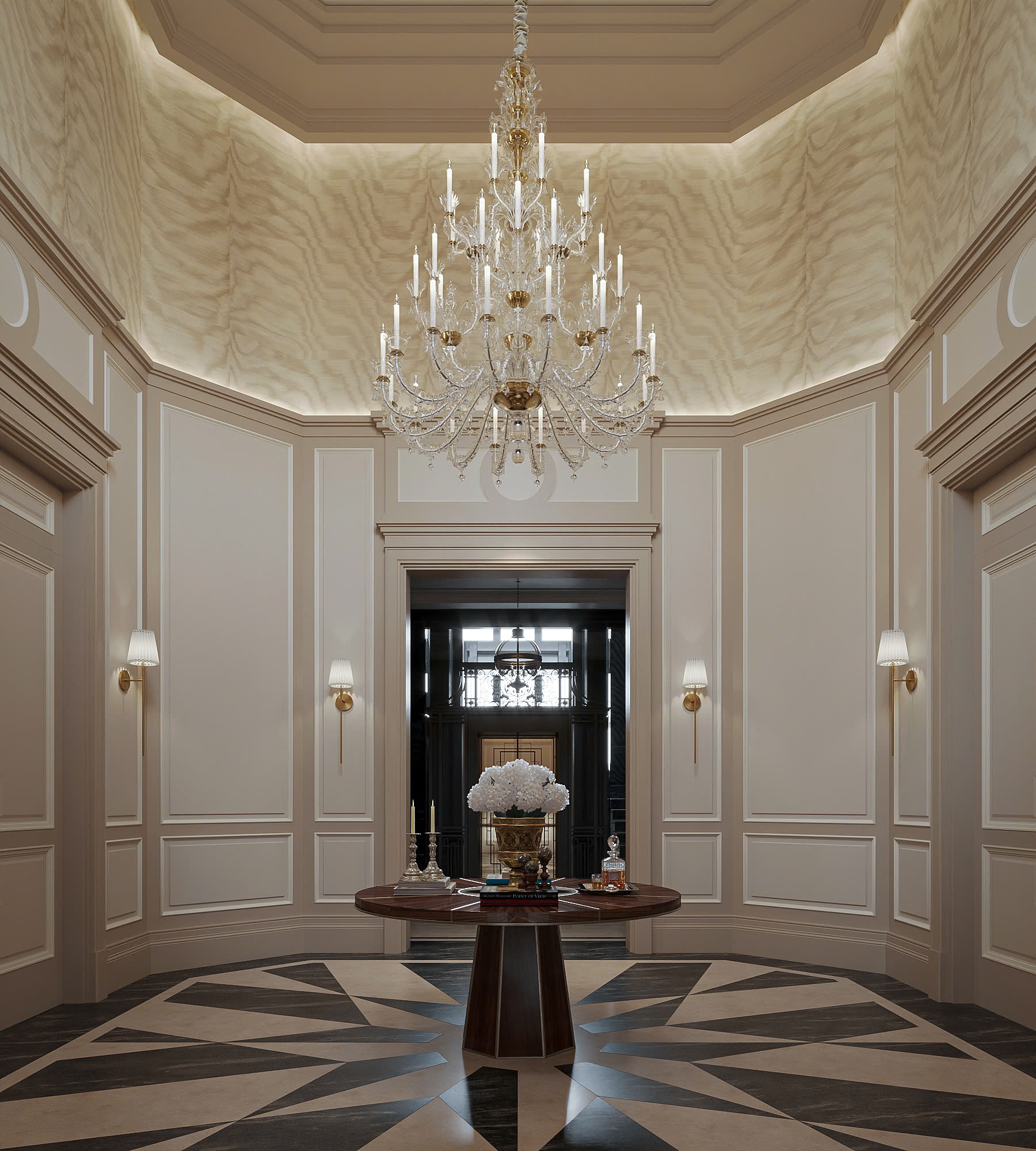 Modern interior with floating stairs framed by a tall rectangular window, a green round chair with yellow and green cushions, and tree shadows on the wall.