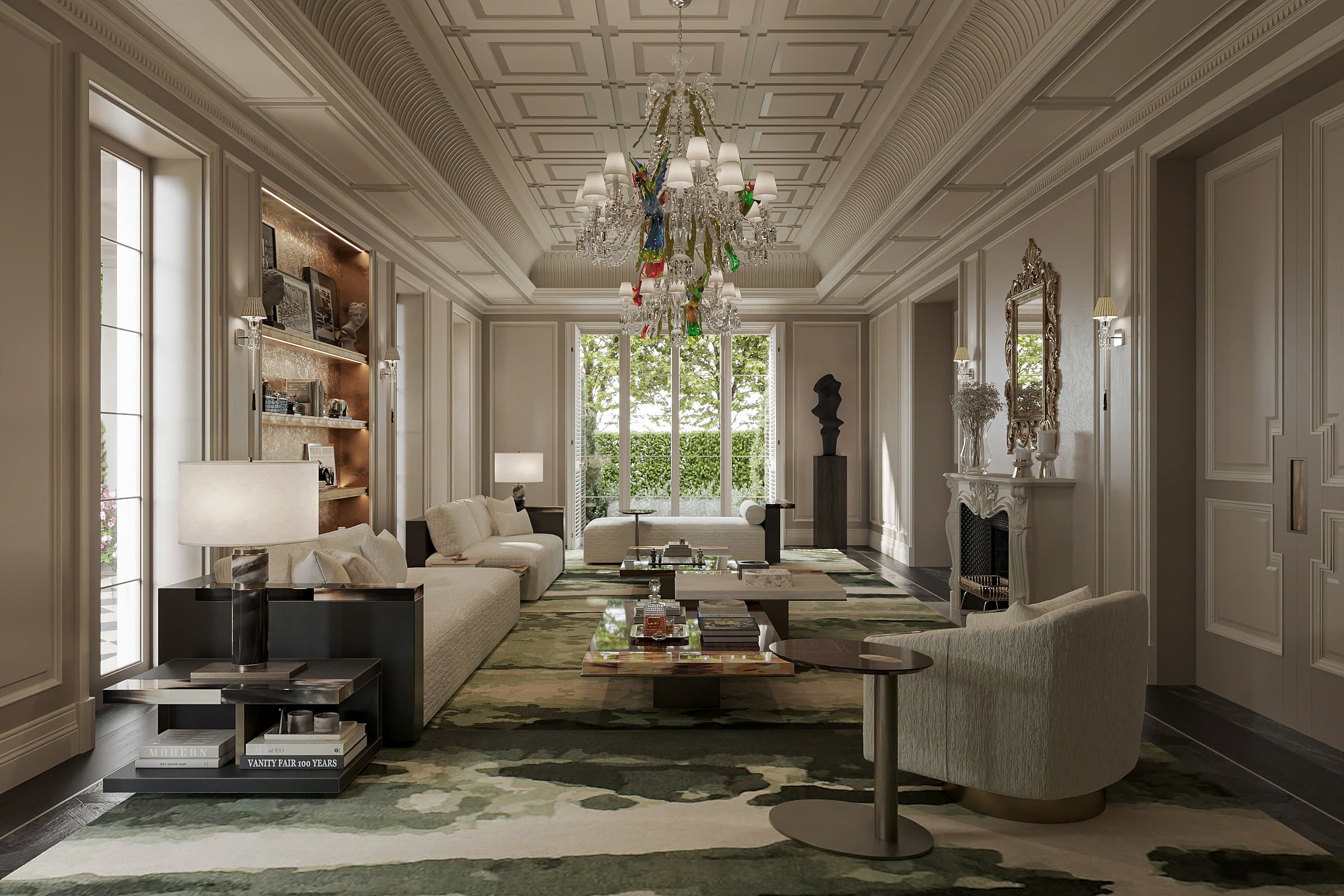 Luxury interior design with biophilic carpet, premium wine display, decorative books, and elegant chandelier