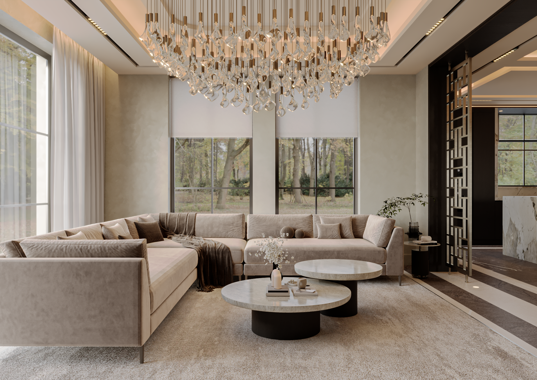 Grand contemporary entrance hall with marble flooring and bespoke joinery, designed by Meiger in Cheshire