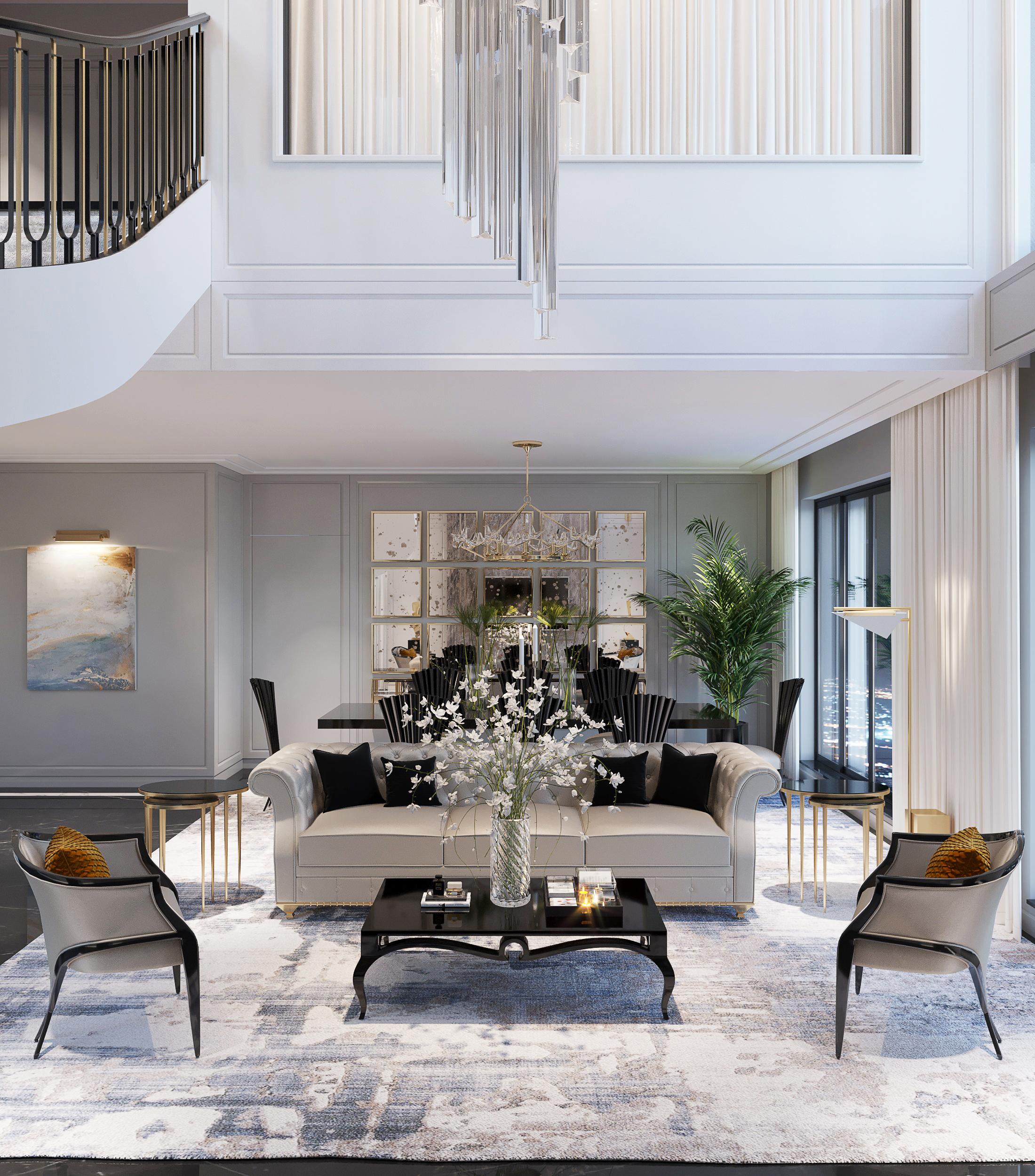 Modern living room with high ceilings, large windows, a flat-screen TV above a built-in fireplace, beige seating, a wooden coffee table, and an abstract black and white rug.
