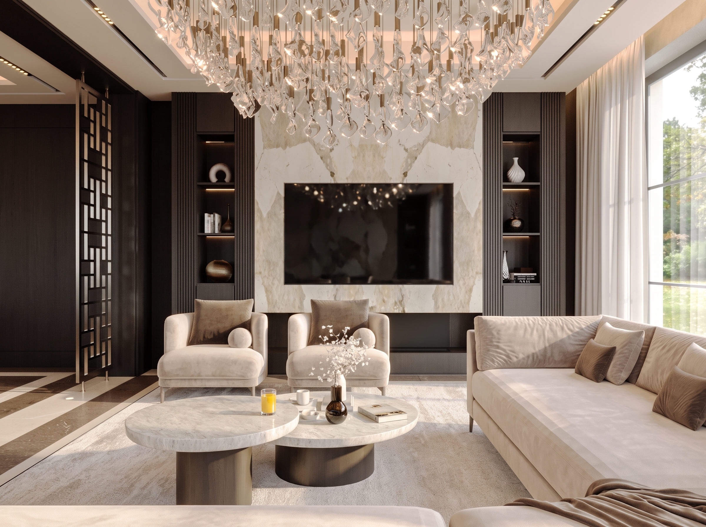 luxury Italian living room, creamy beige sofa, marble tv wall, chandelier ceiling lighting