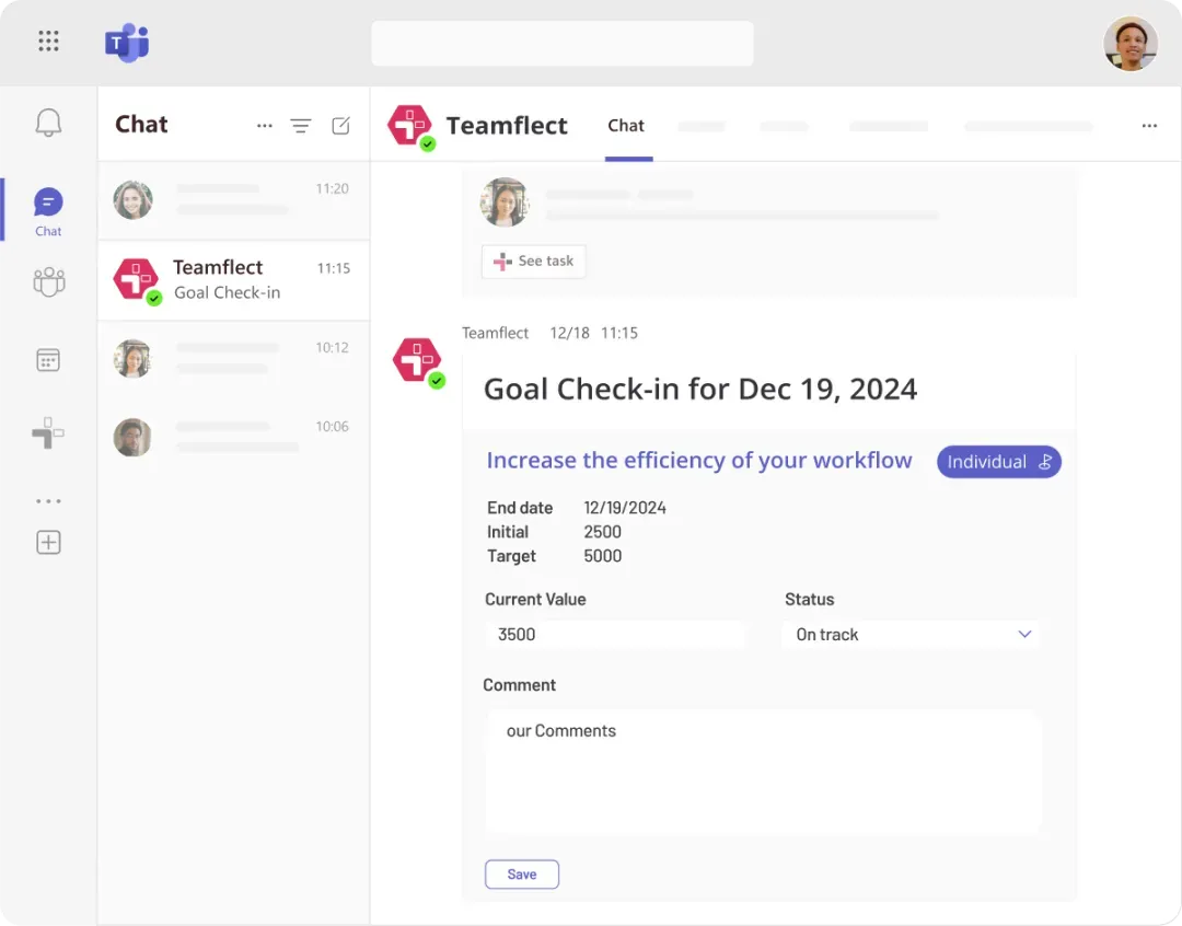 Goal check-ins inside Teams with Teamflect