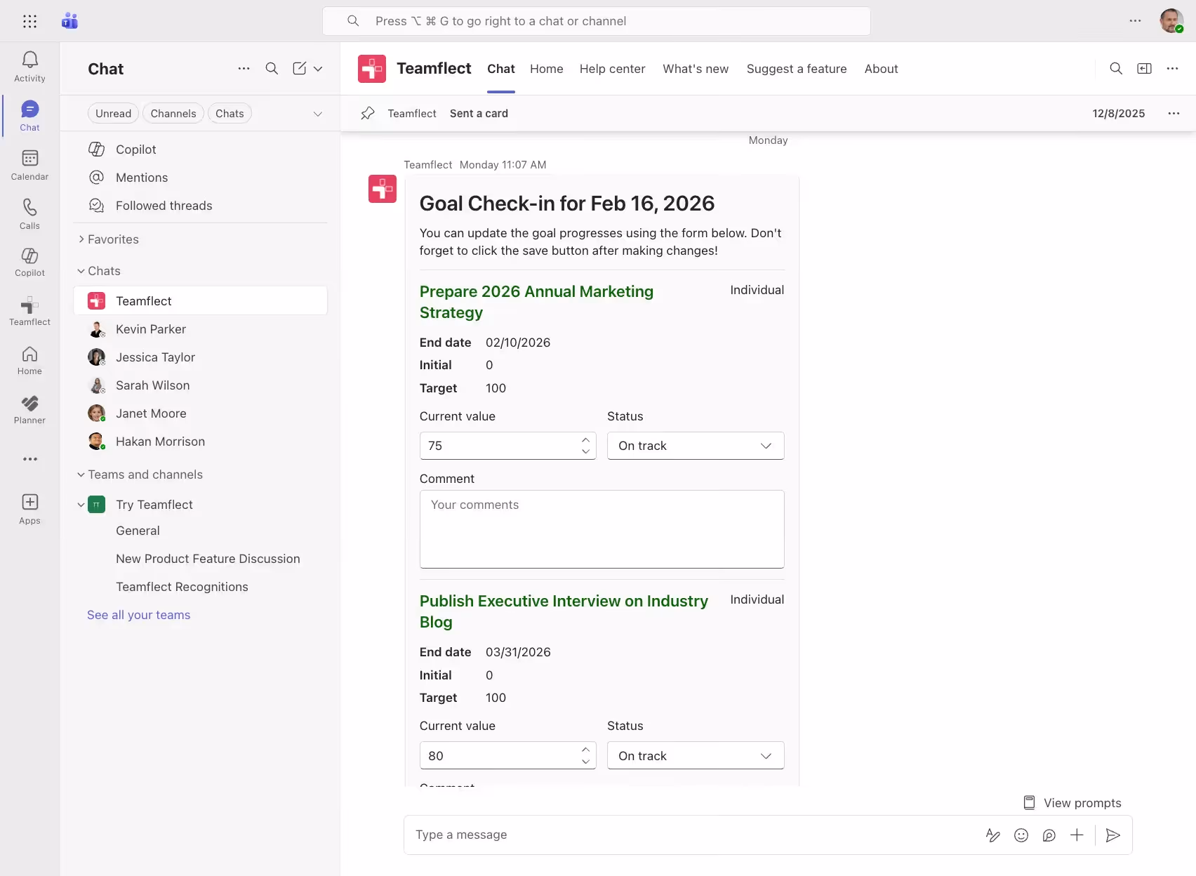 Automated Goal Check-ins inside Microsoft Teams with Teamflect