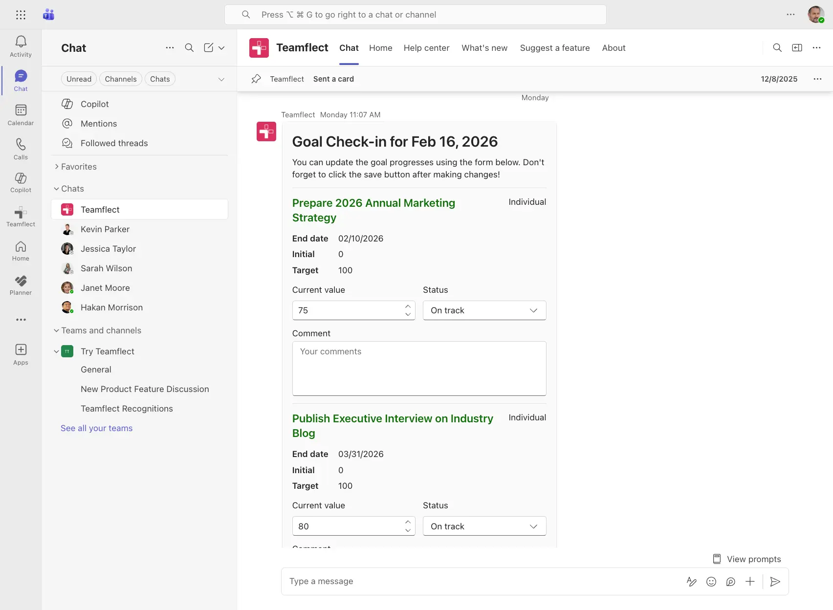 Automated Goal Check-ins inside Microsoft Teams with Teamflect