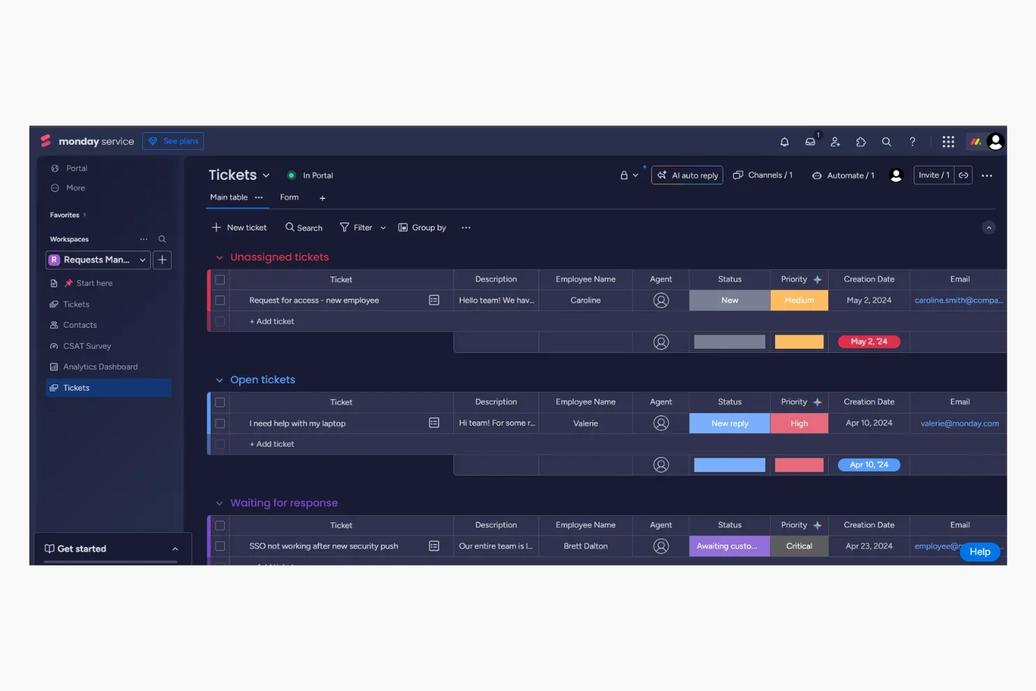 Monday Service main dashboard