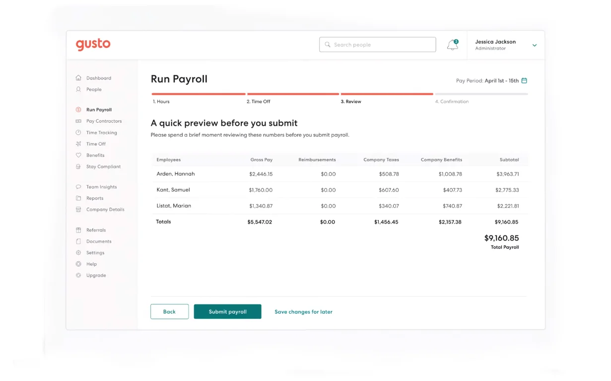 Gusto main dashboard