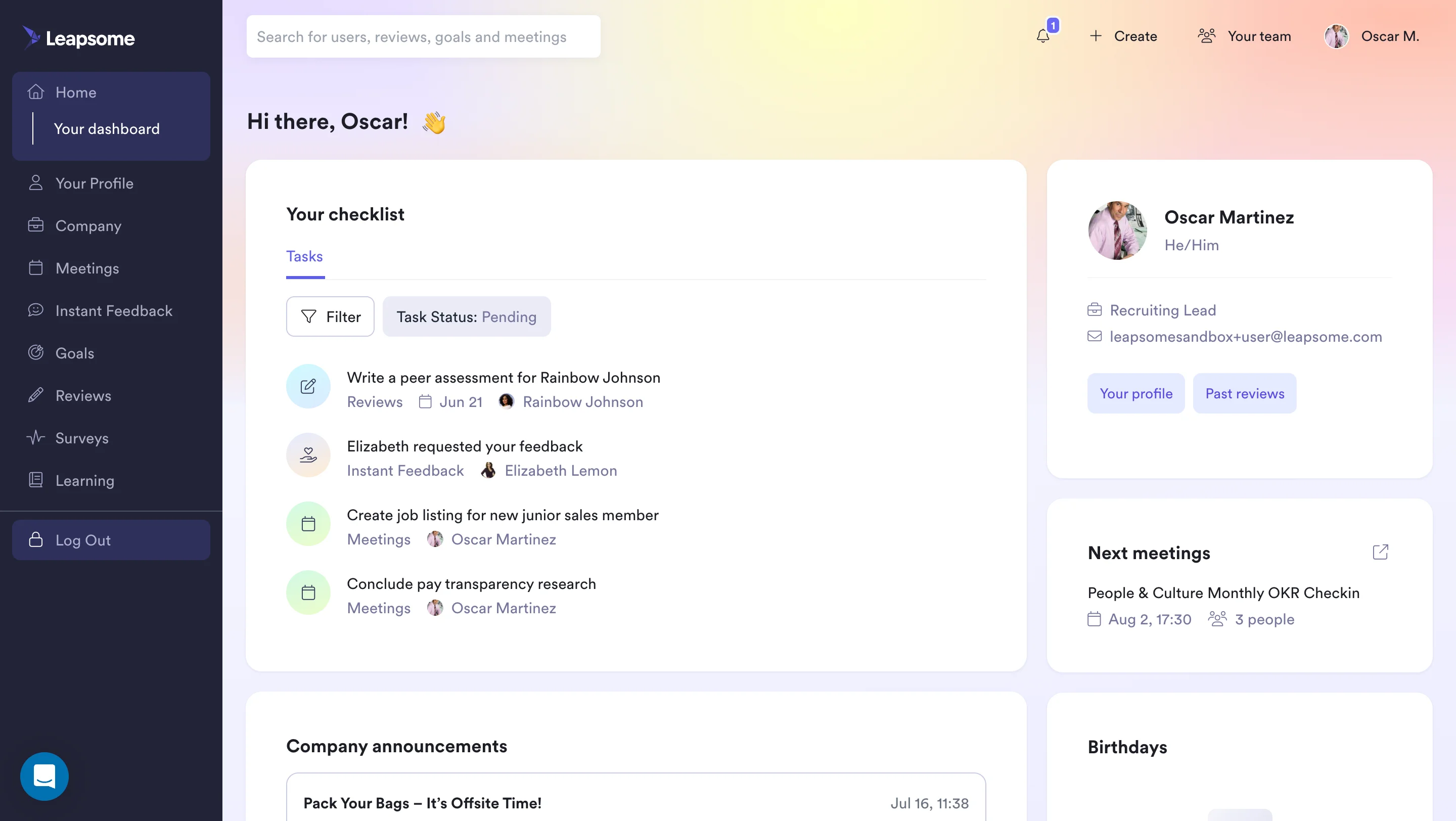 Leapsome main dashboard