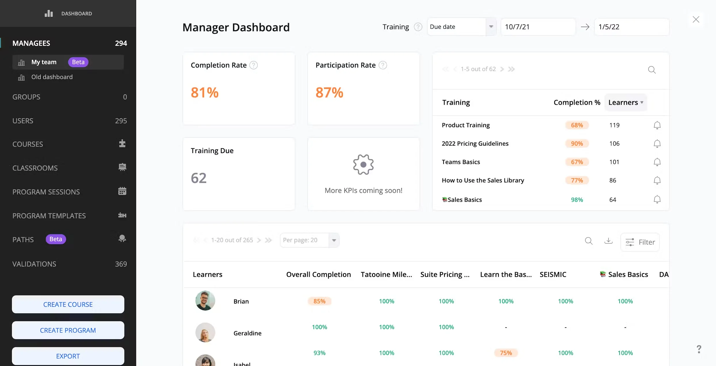 380Learning main dashboard