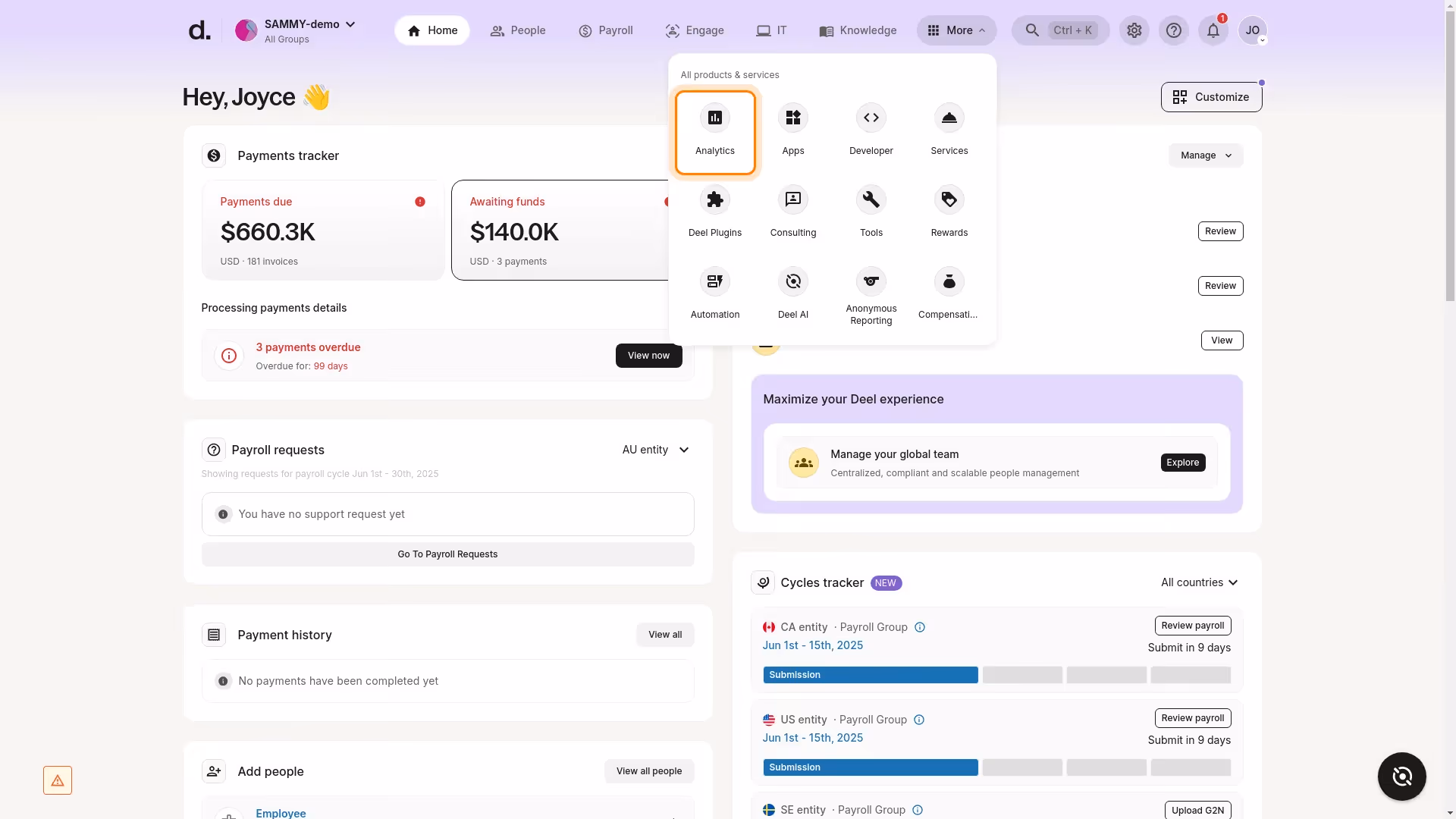 Deel Payroll main dashboard