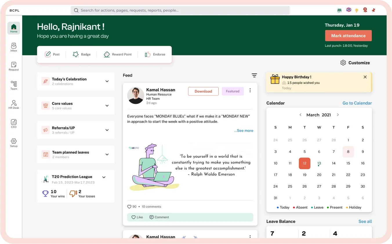 HROne main dashboard