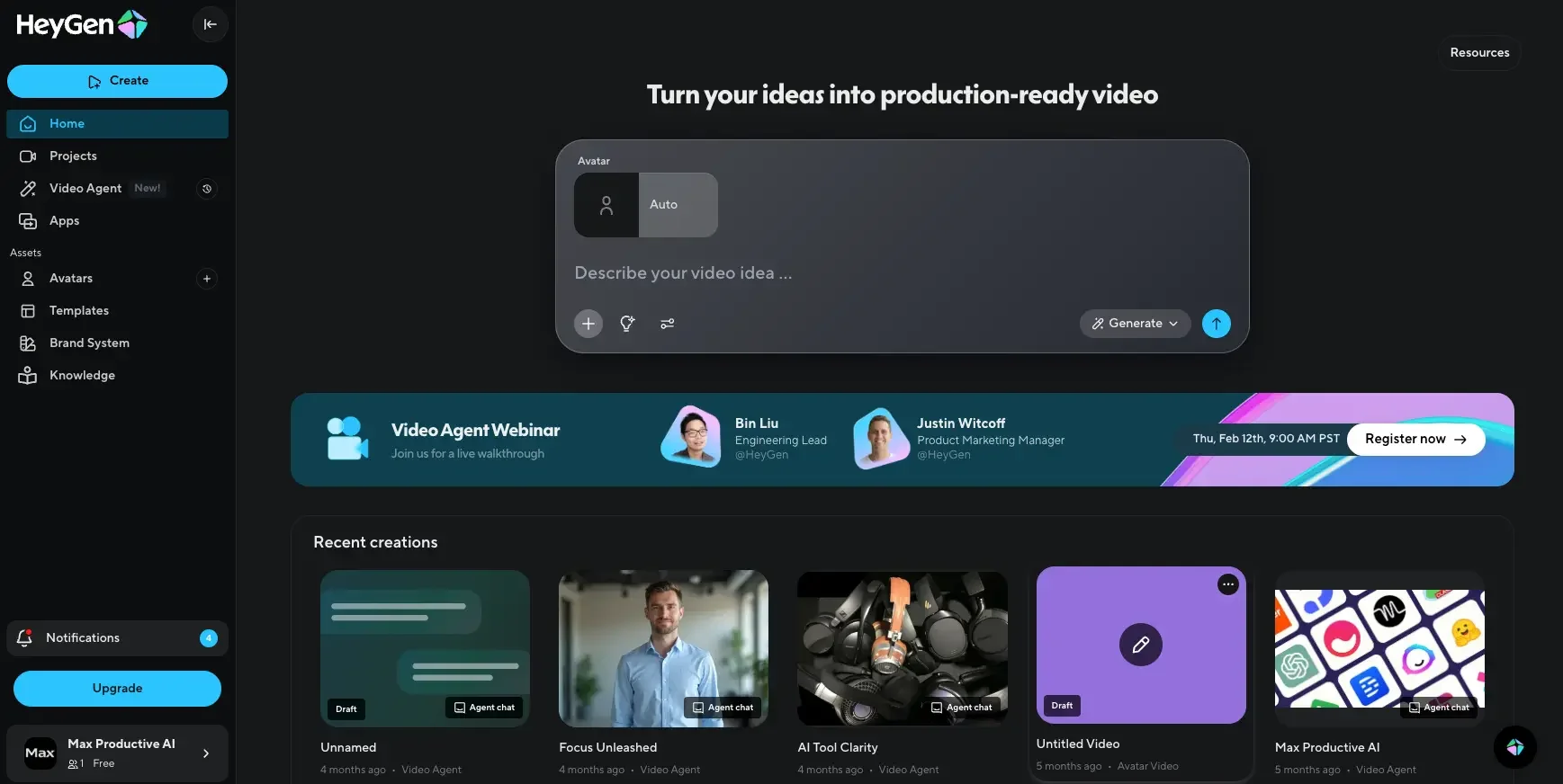 HeyGen main dashboard