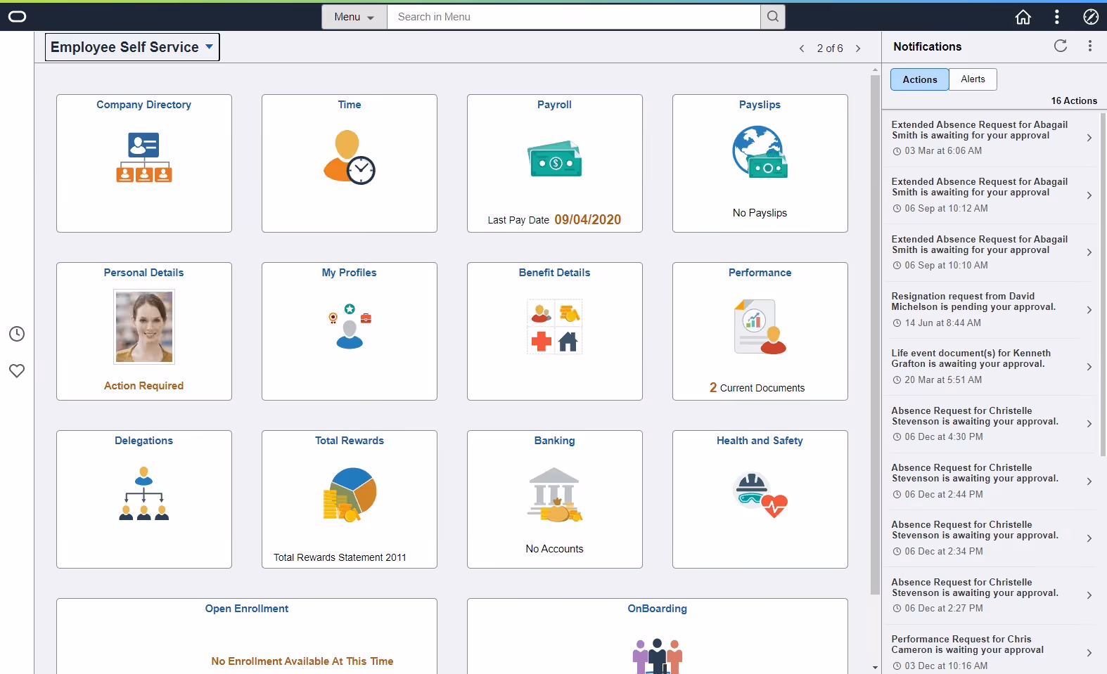 Oracle PeopleSoft main dashboard
