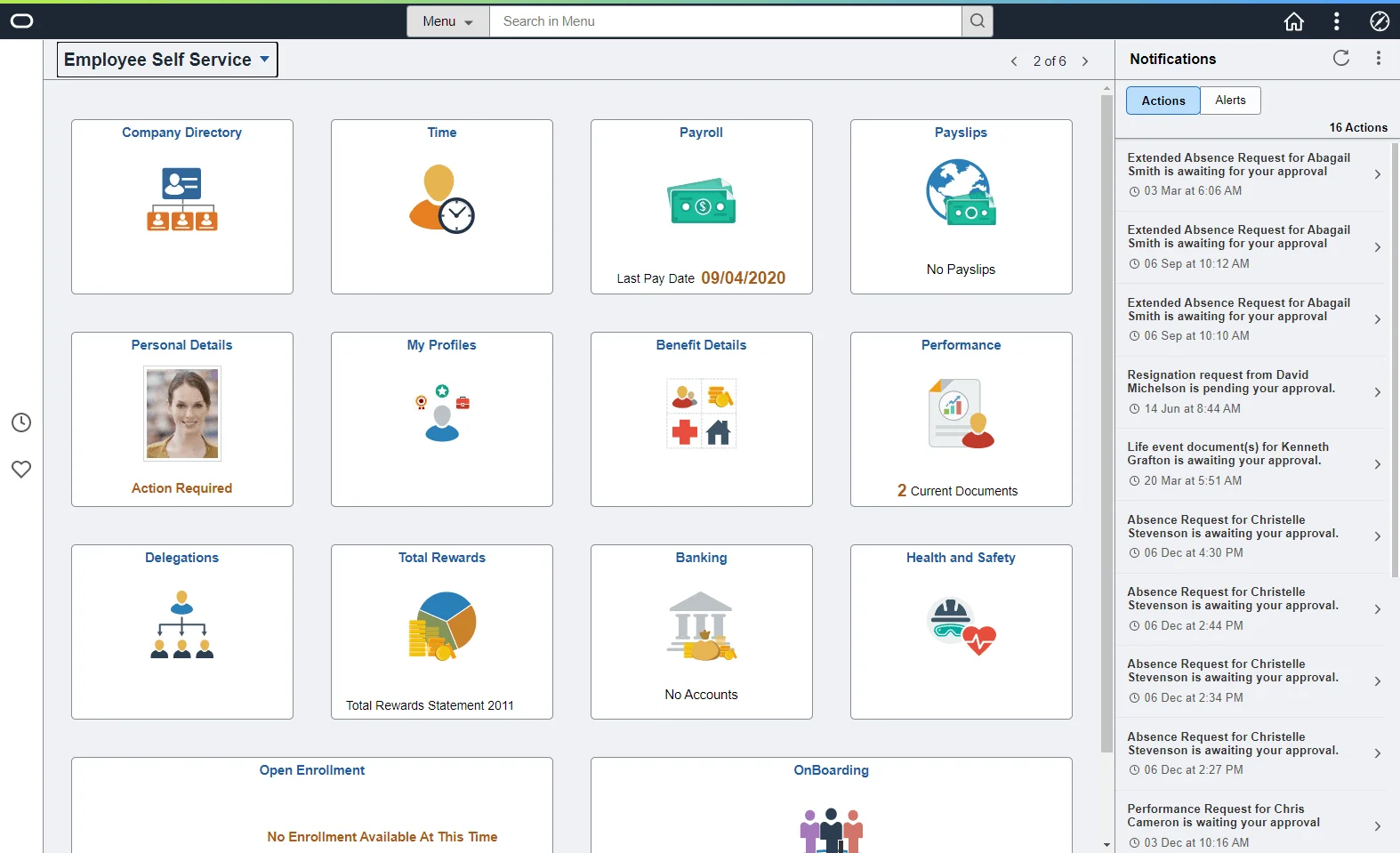 Oracle PeopleSoft main dashboard