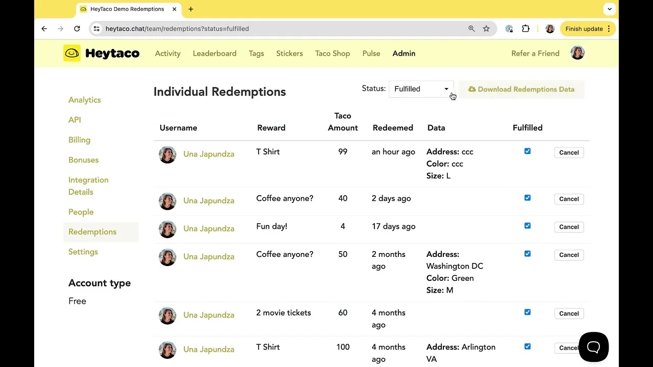 HeyTaco main dashboard