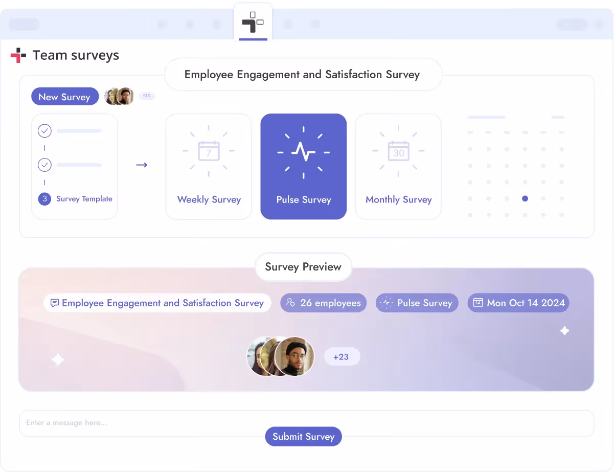 A survey dashboard with weekly surveys, monthly surveys, and pulse surveys.