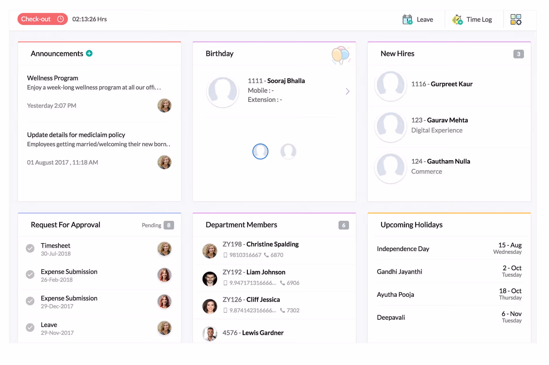 Zoho People main dashboard