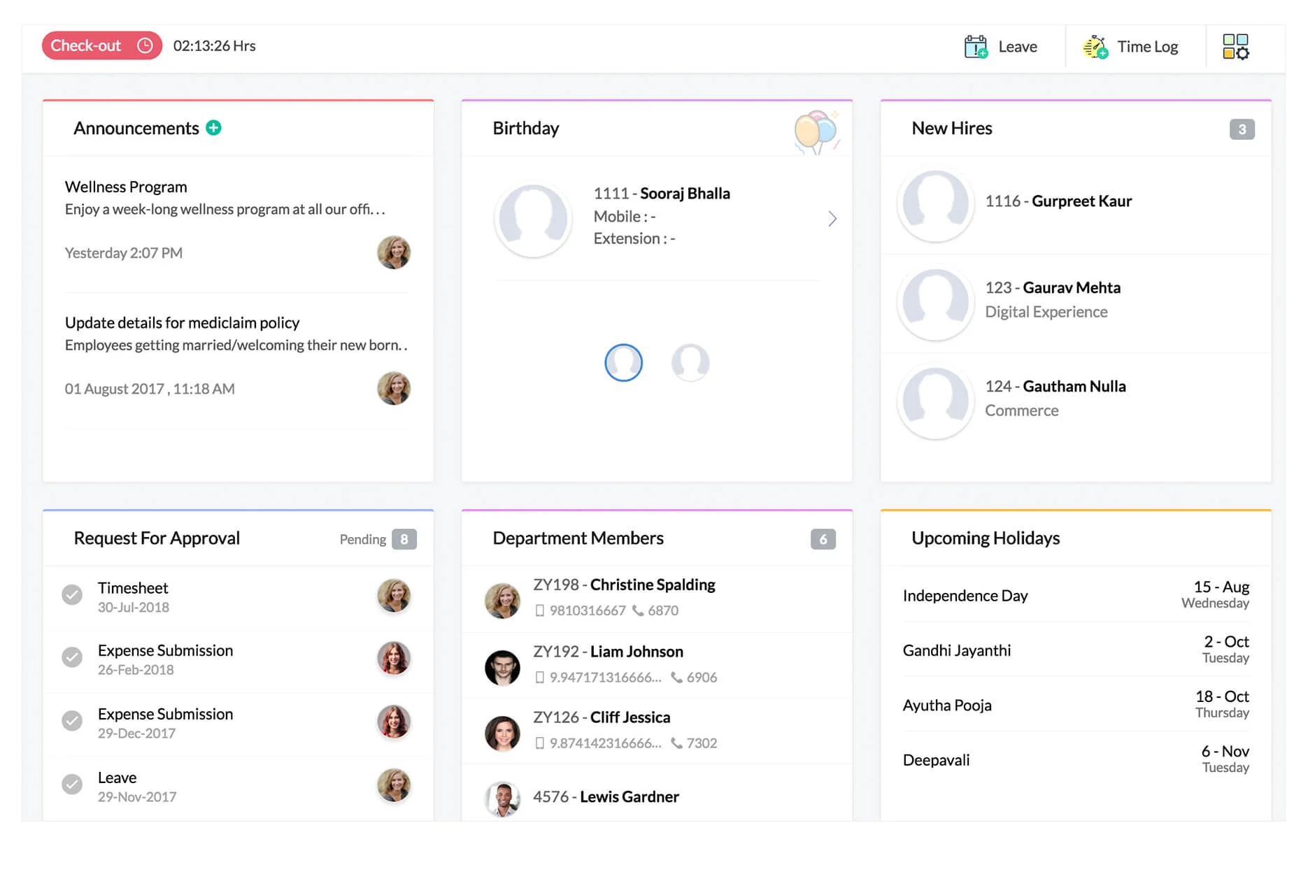 Zoho People main dashboard