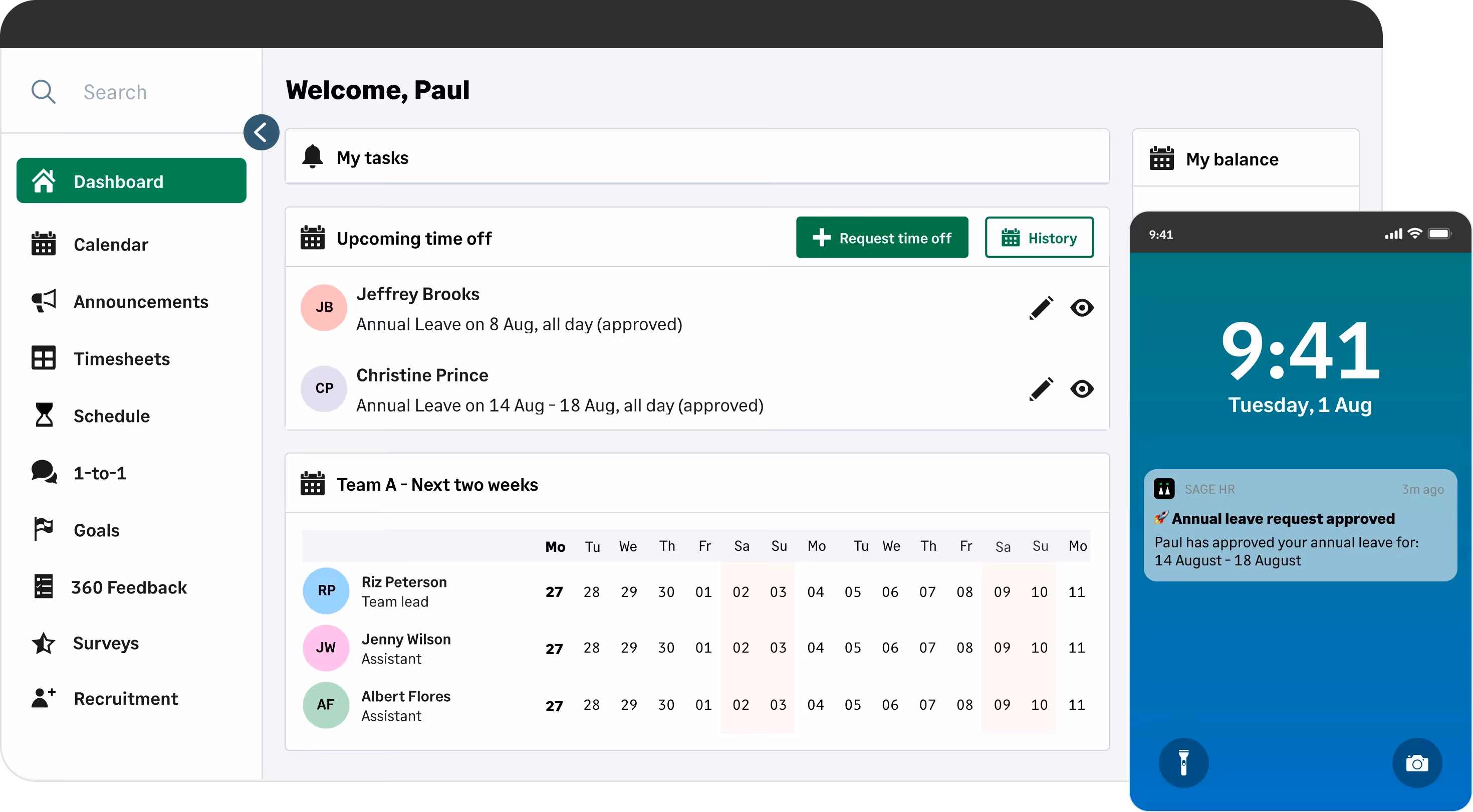 Sage HR main dashboard