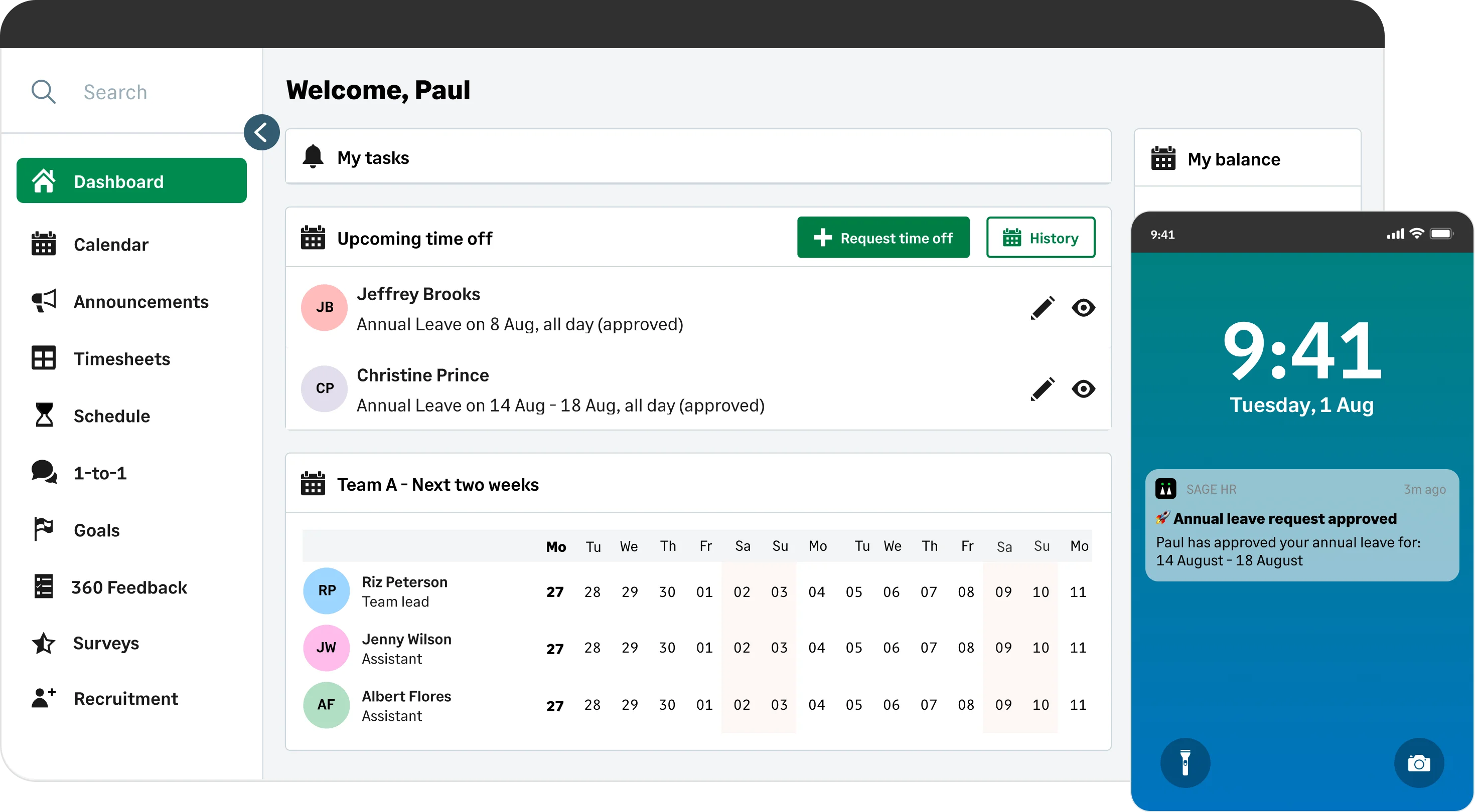 Sage HR main dashboard