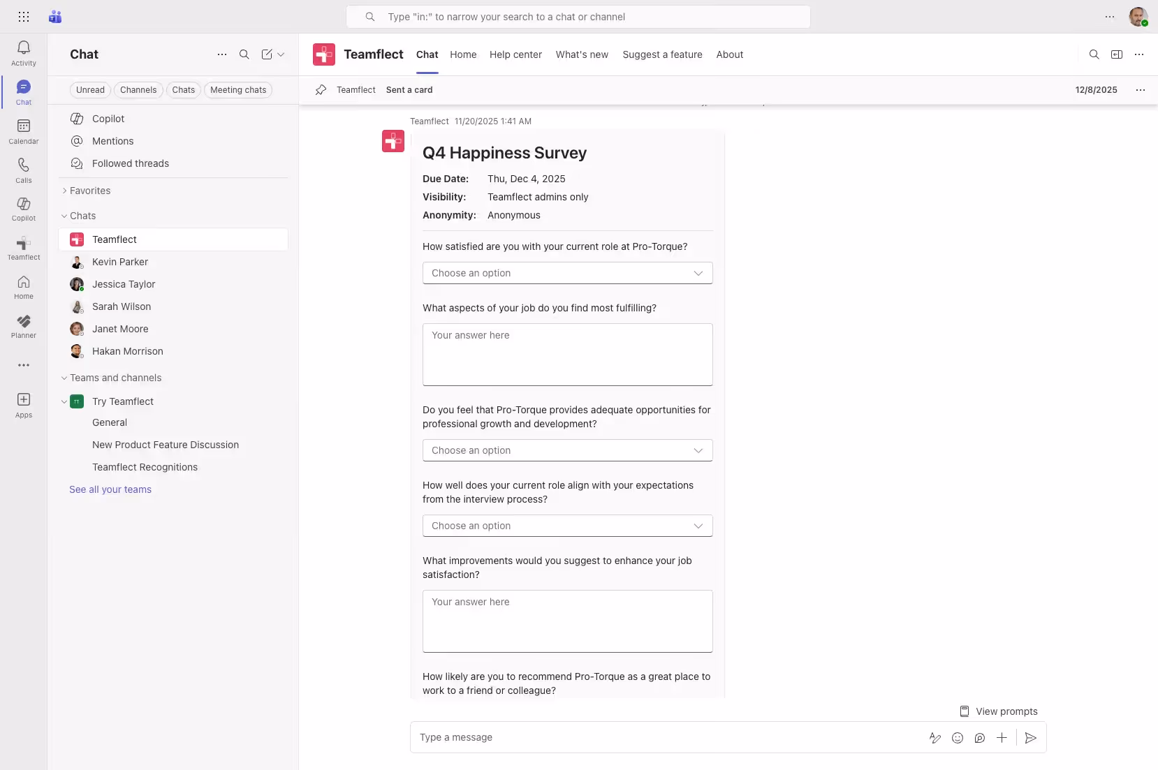 Employee Engagement Surveys inside MS Teams Chat with Teamflect