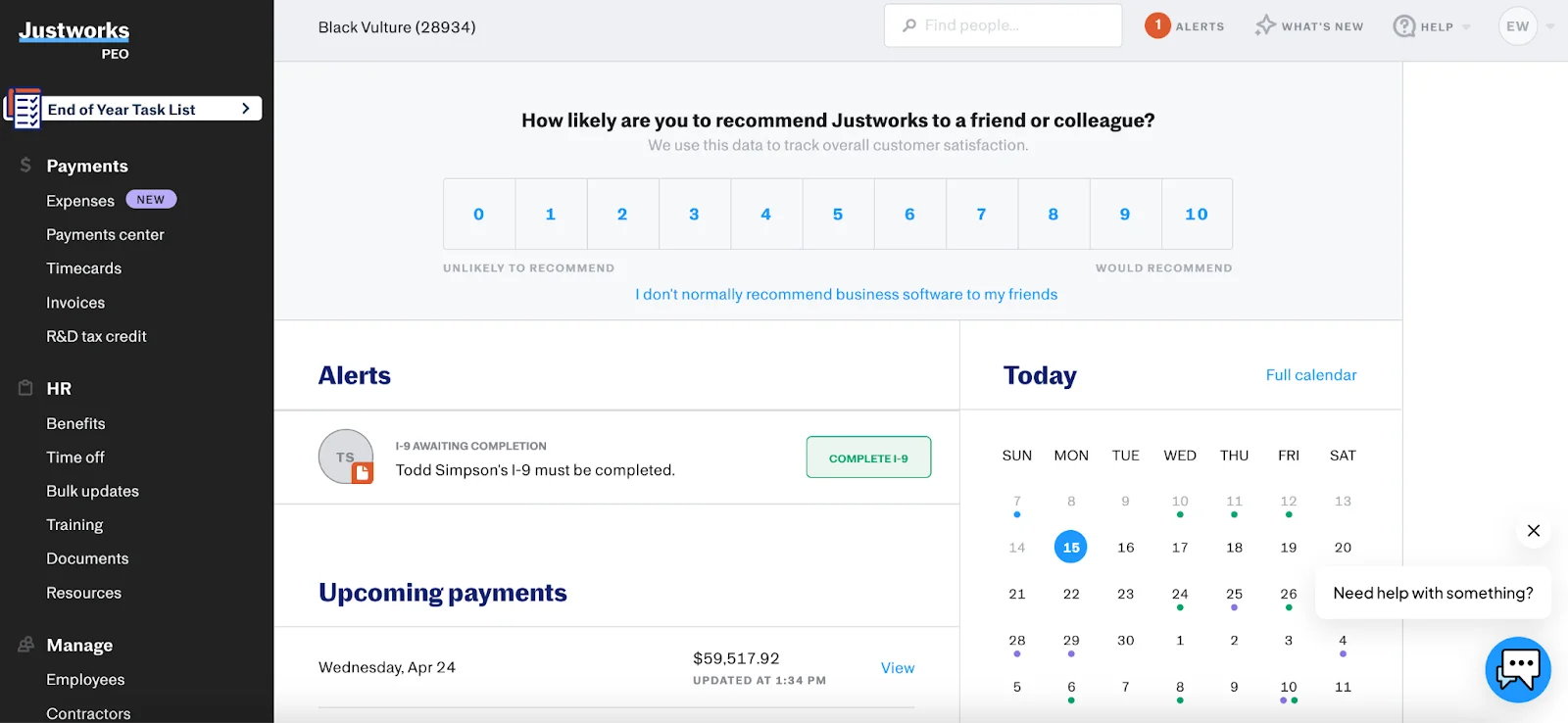 Justworks main dashboard
