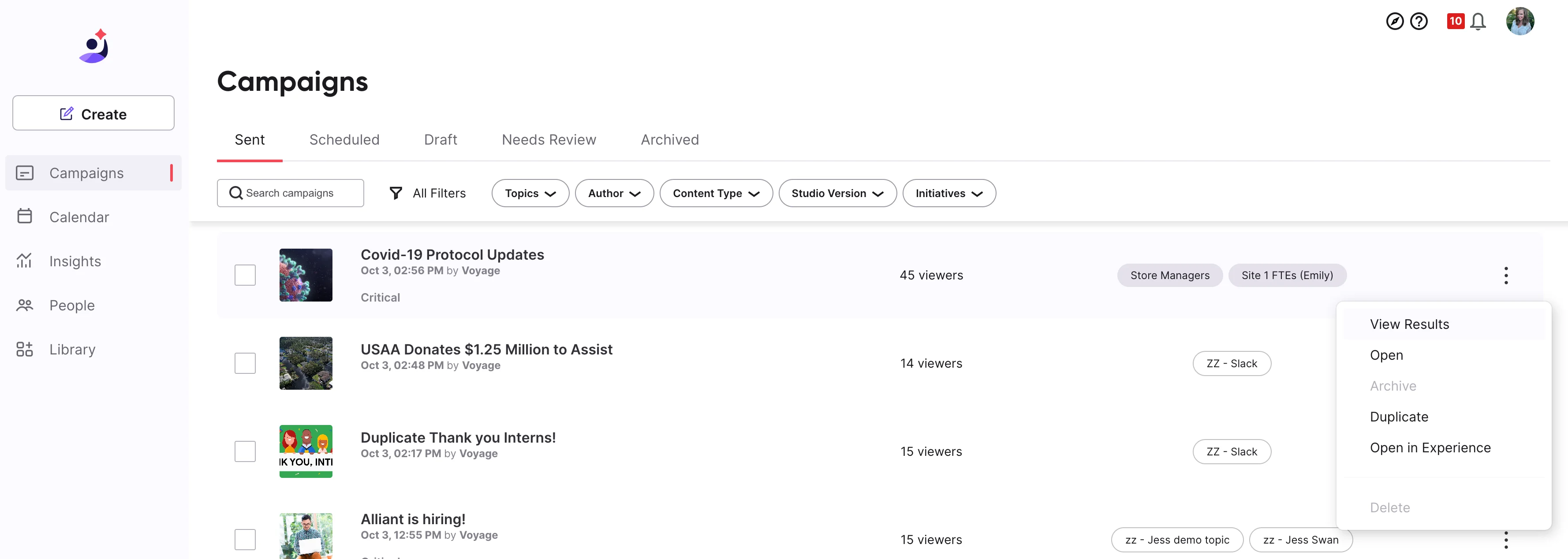 Firstup main dashboard