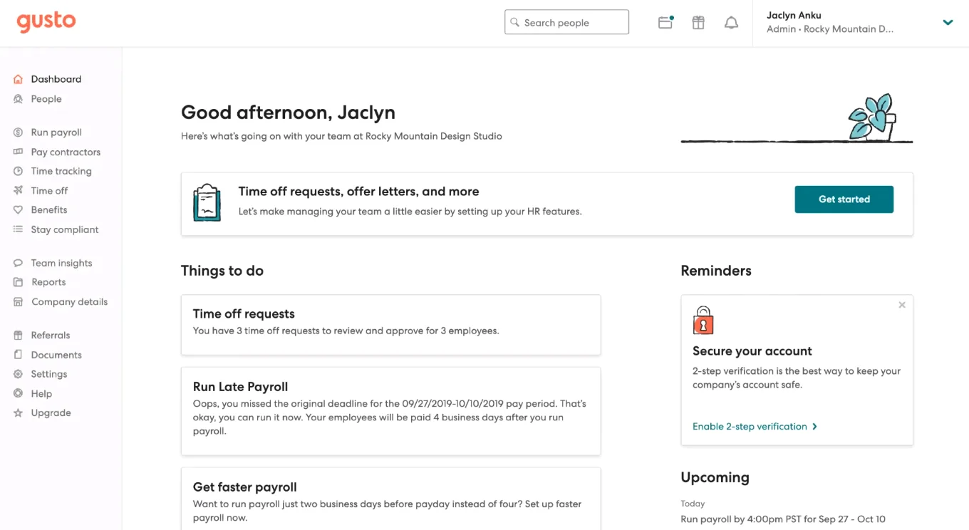 Gusto main dashboard