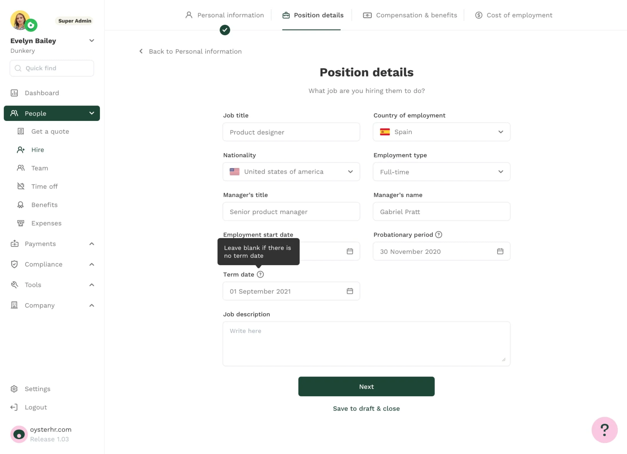 Oyster HR main dashboard