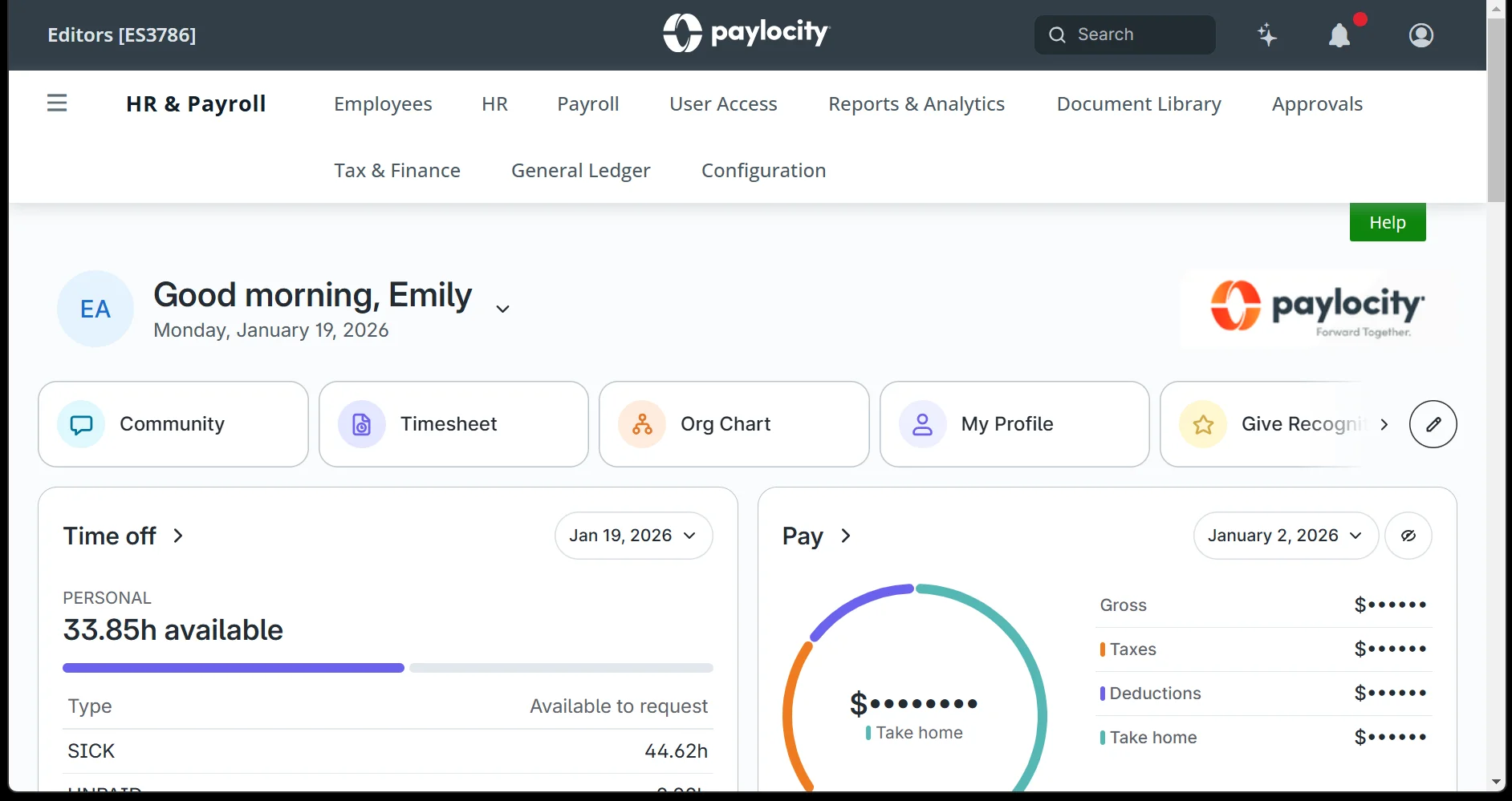 Paylocity main dashboard