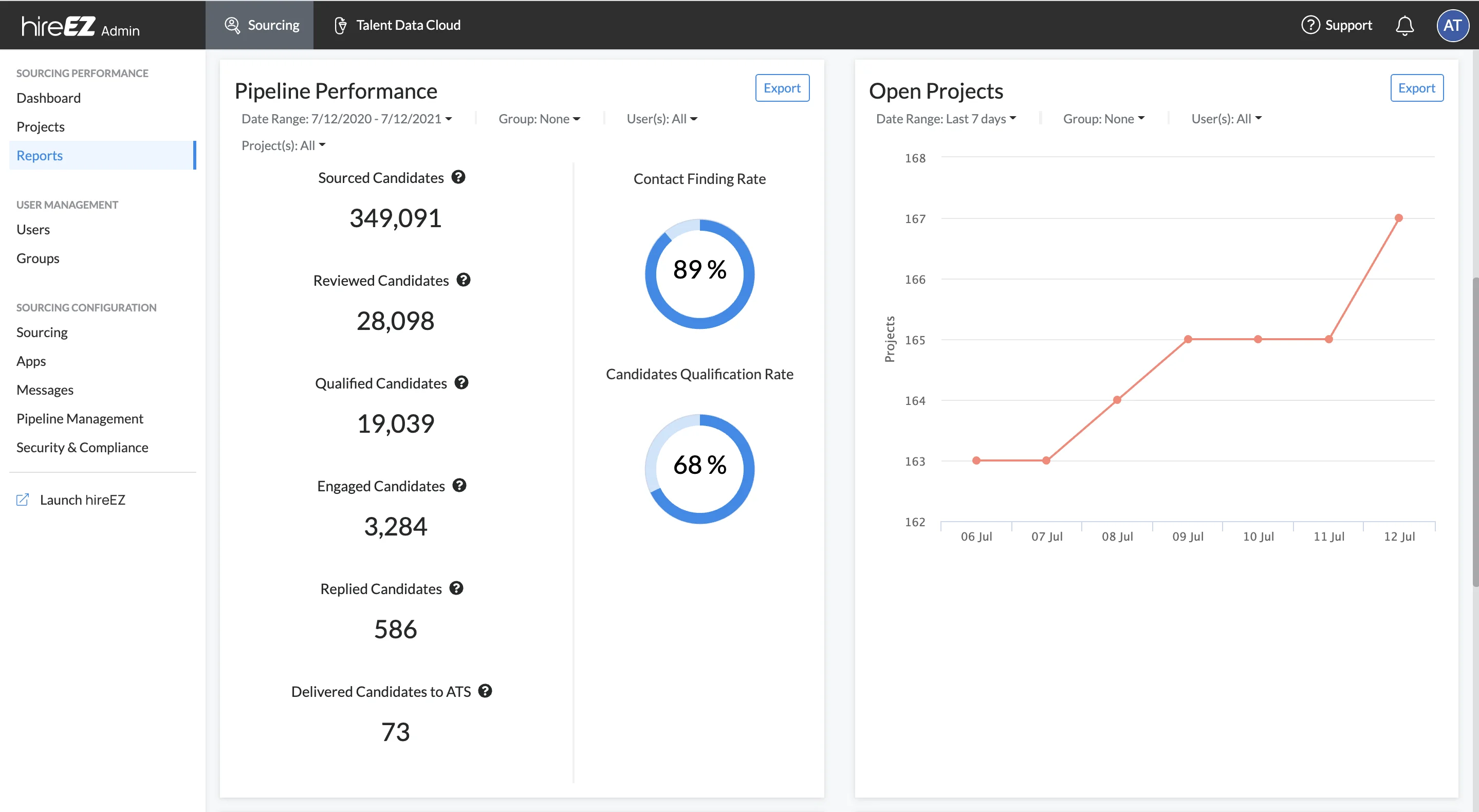 hireEZ main dashboard