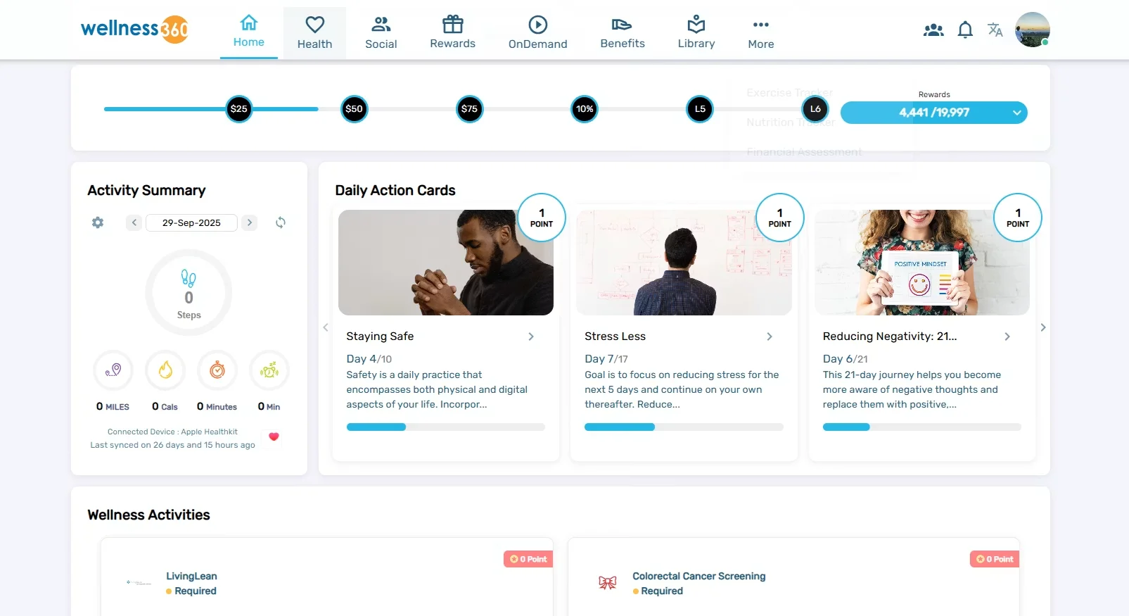 Wellness360 main dashboard