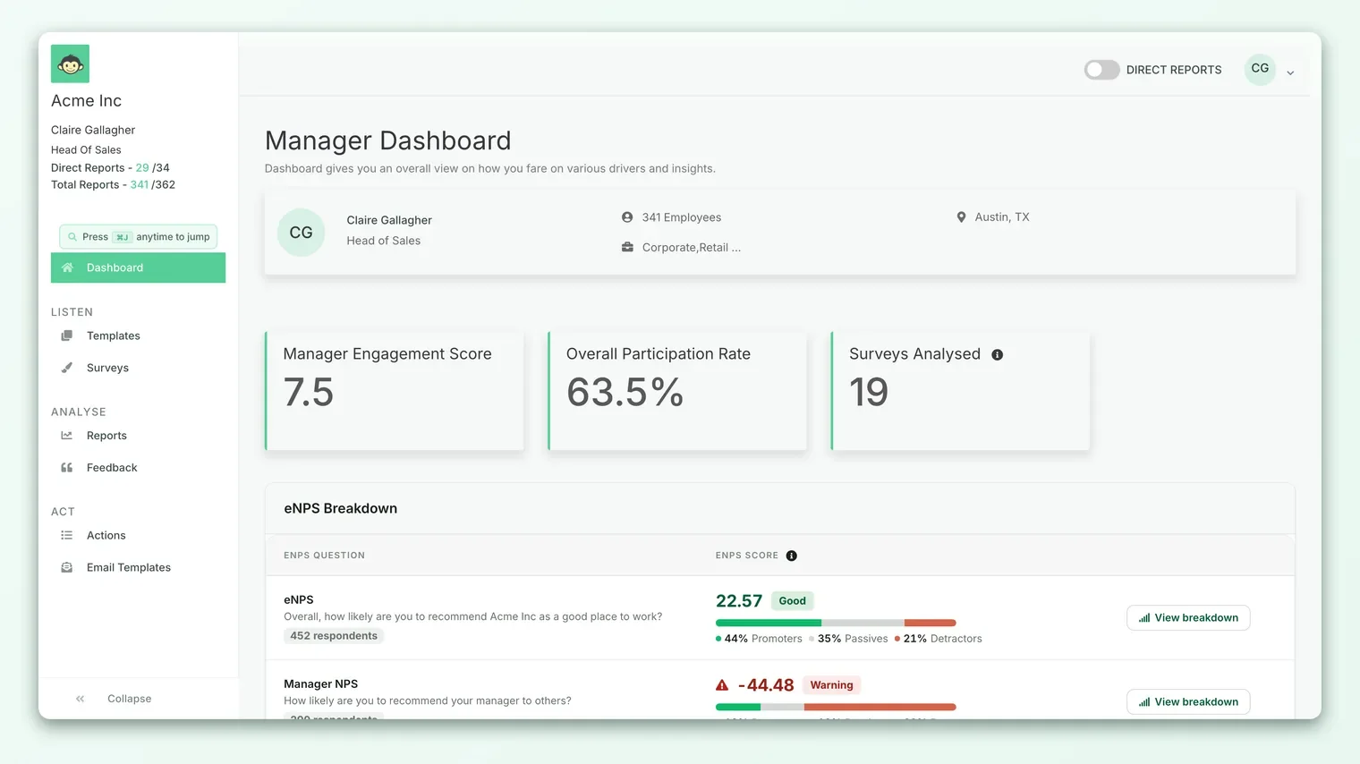 CultureMonkey main dashboard