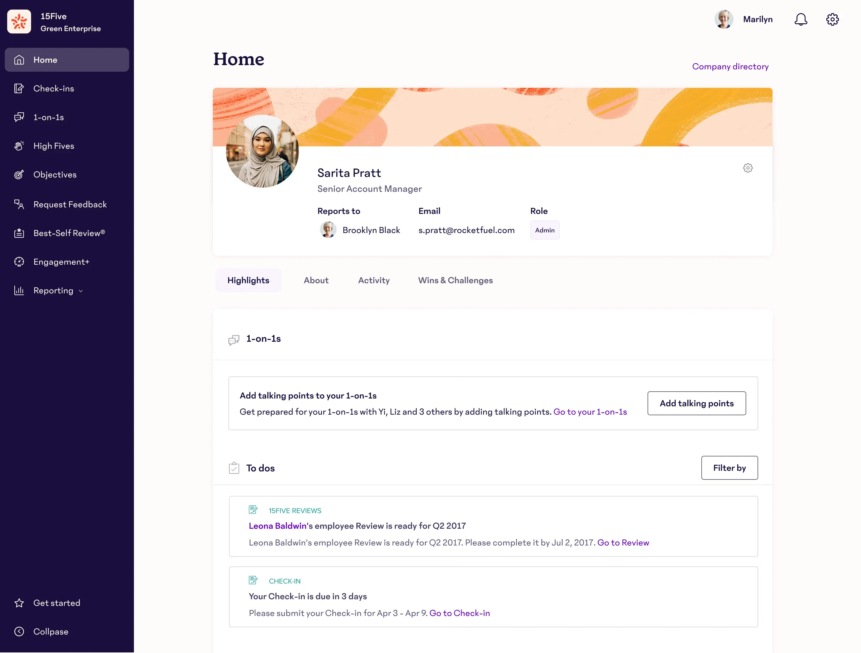 15Five main dashboard