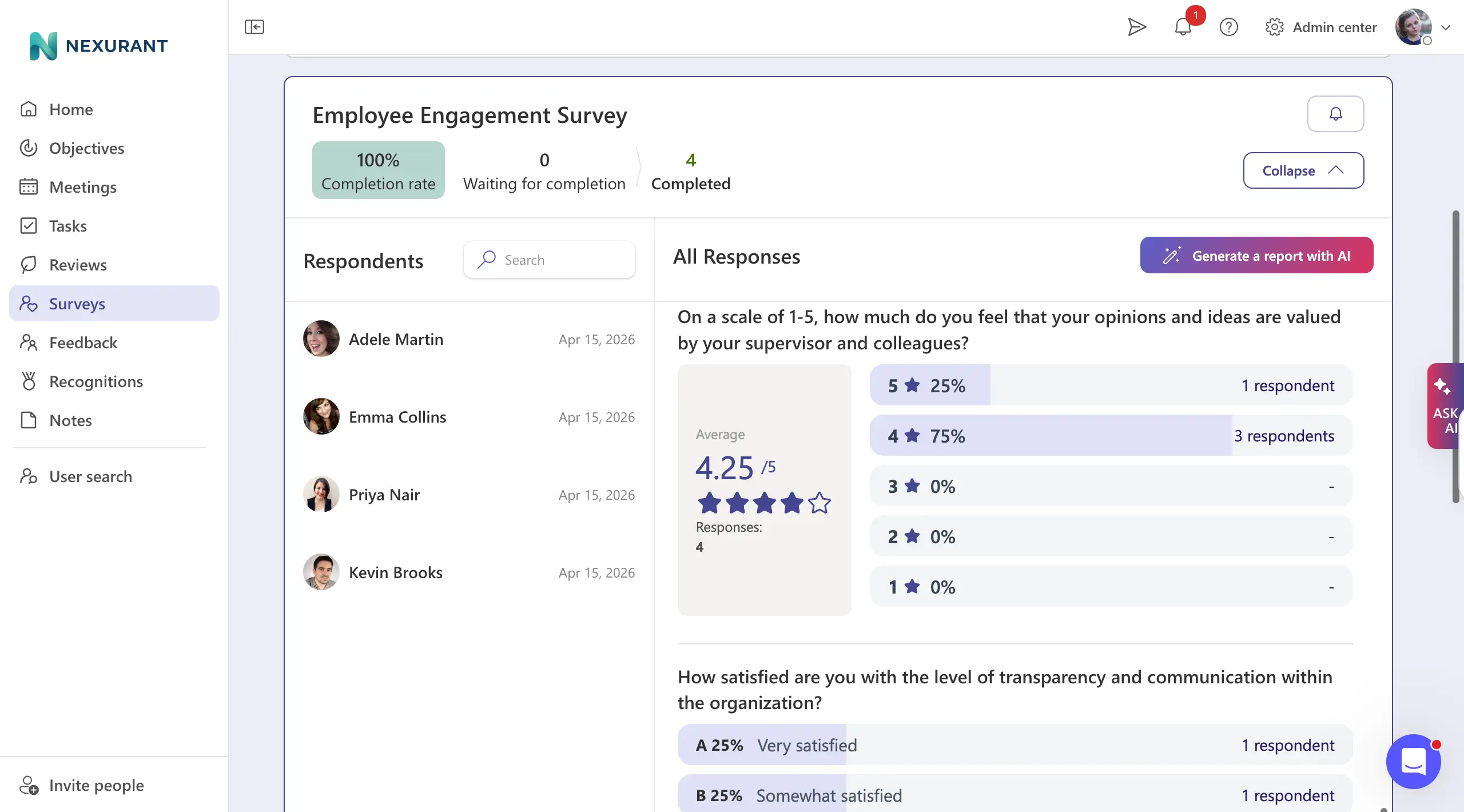Teamflect Survey results screen