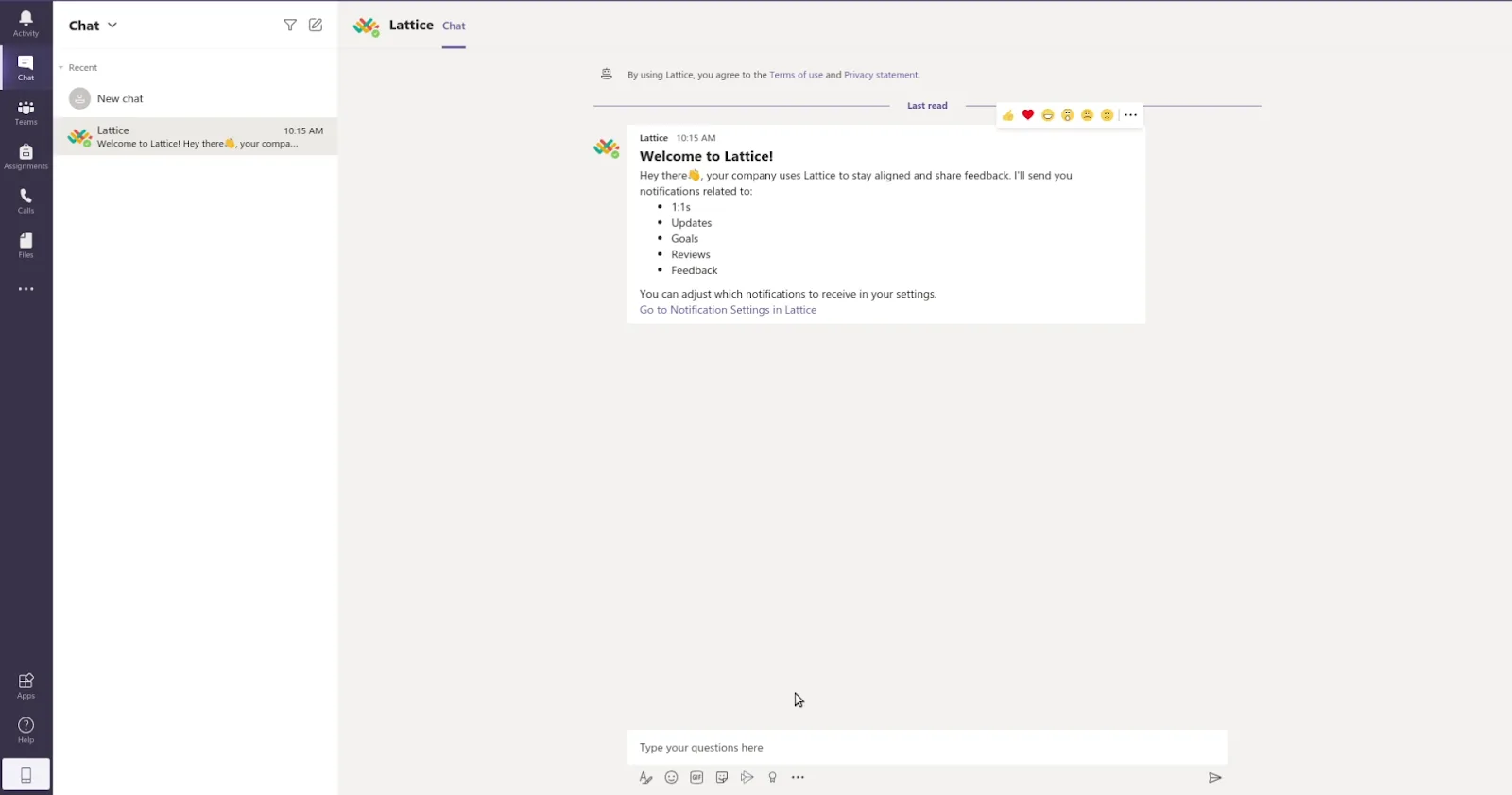 Lattice app in a Microsoft Teams chat showing the welcome message