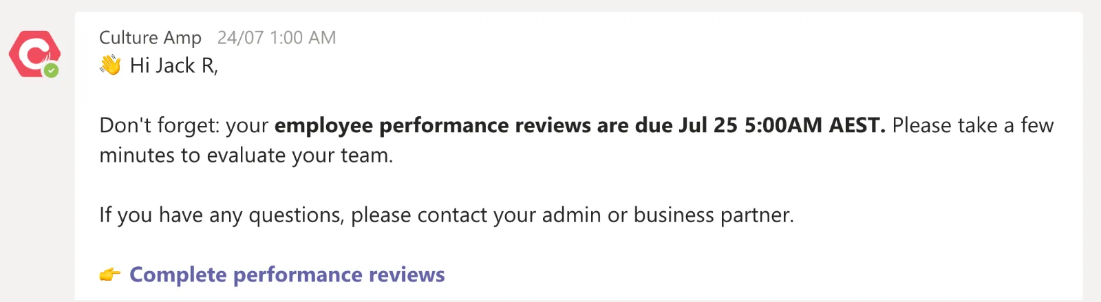 Culture Amp Microsoft Teams message reminding a manager that performance reviews are due, with a Complete performance reviews link