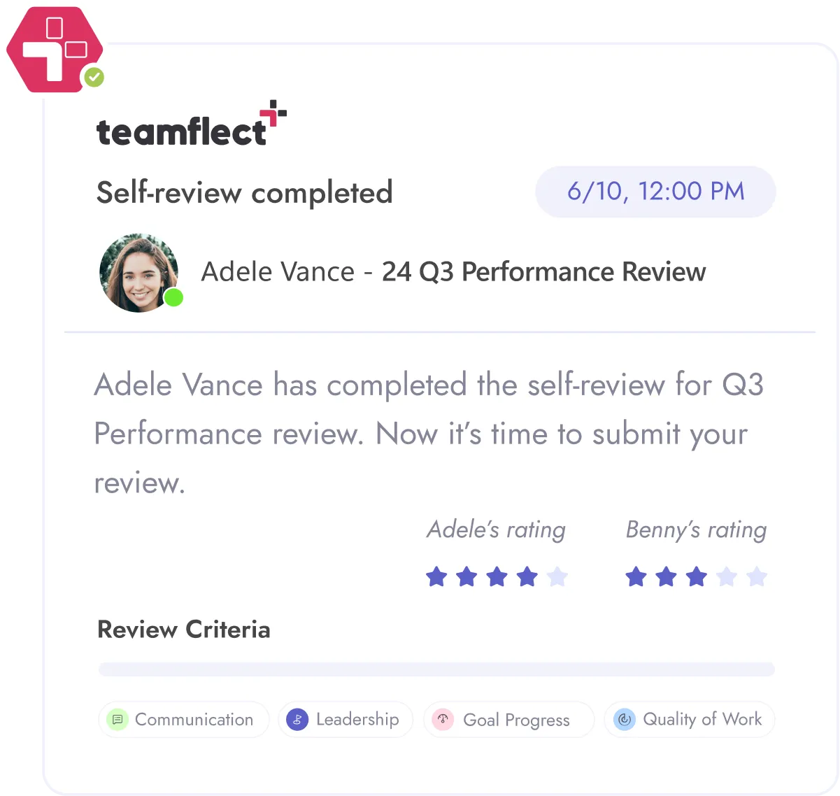 Teamflect card in Microsoft Teams chat telling a manager that a self-review is complete and their review is due
