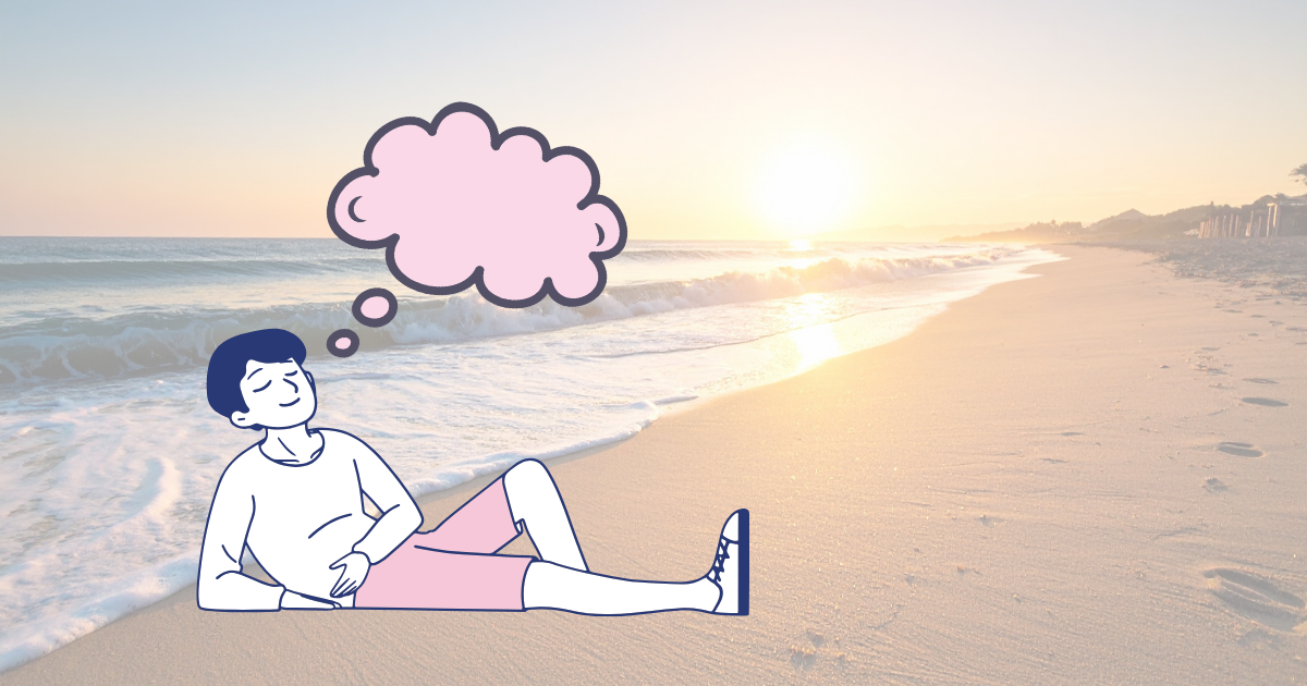 animated figure reclining and thinking on a beach with a warm overlay