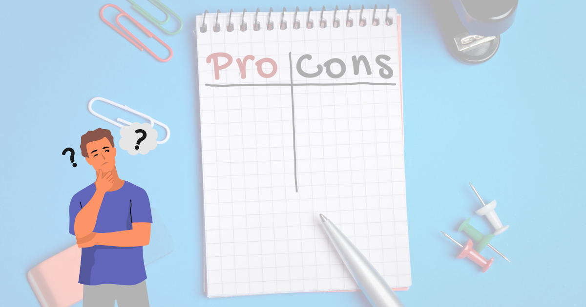 animated man standing beside pros and cons list 