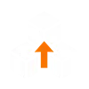 Orange upward arrow inside a white hexagonal shape on a black background.